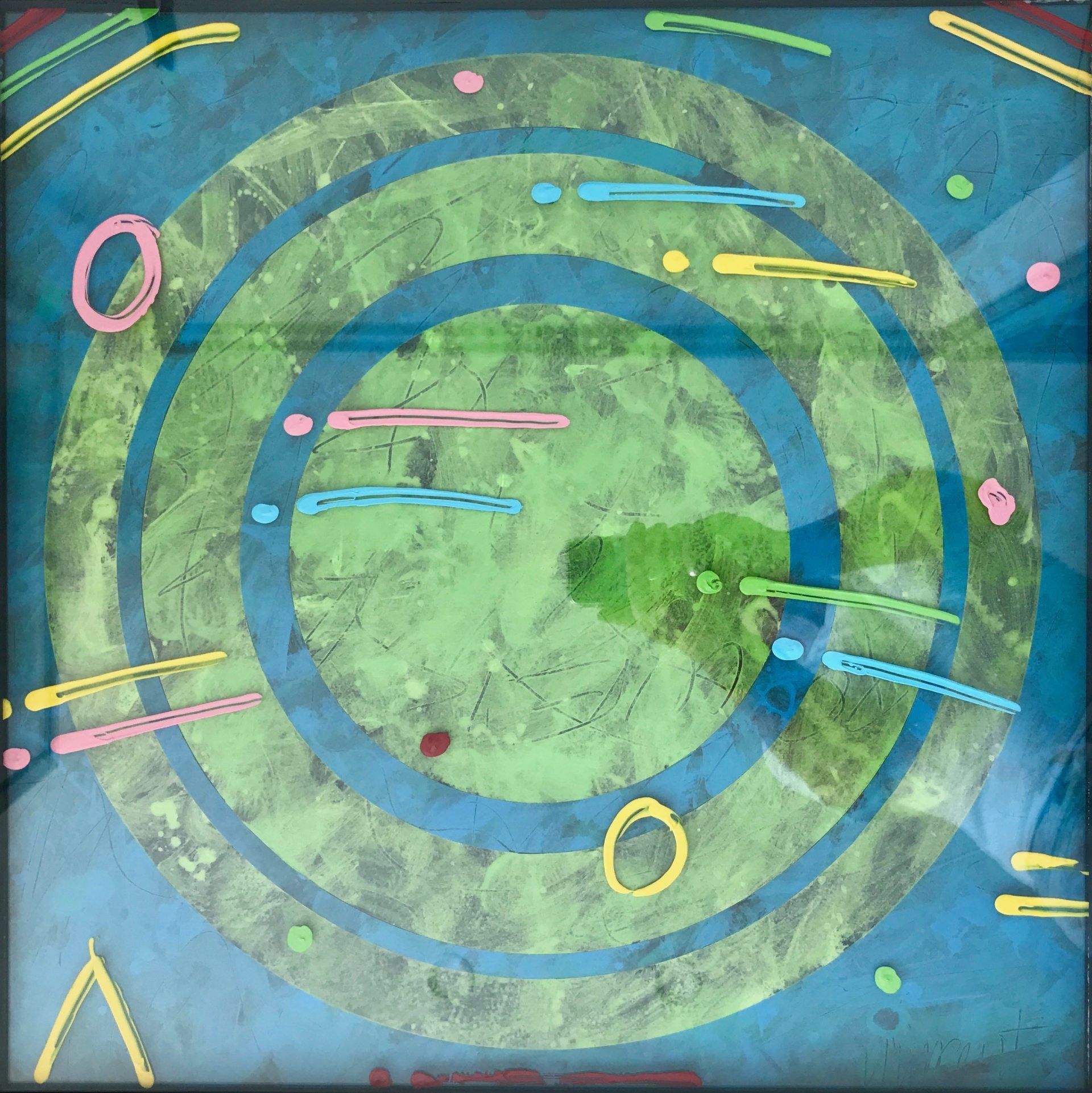 A painting of a circle with a triangle in the middle