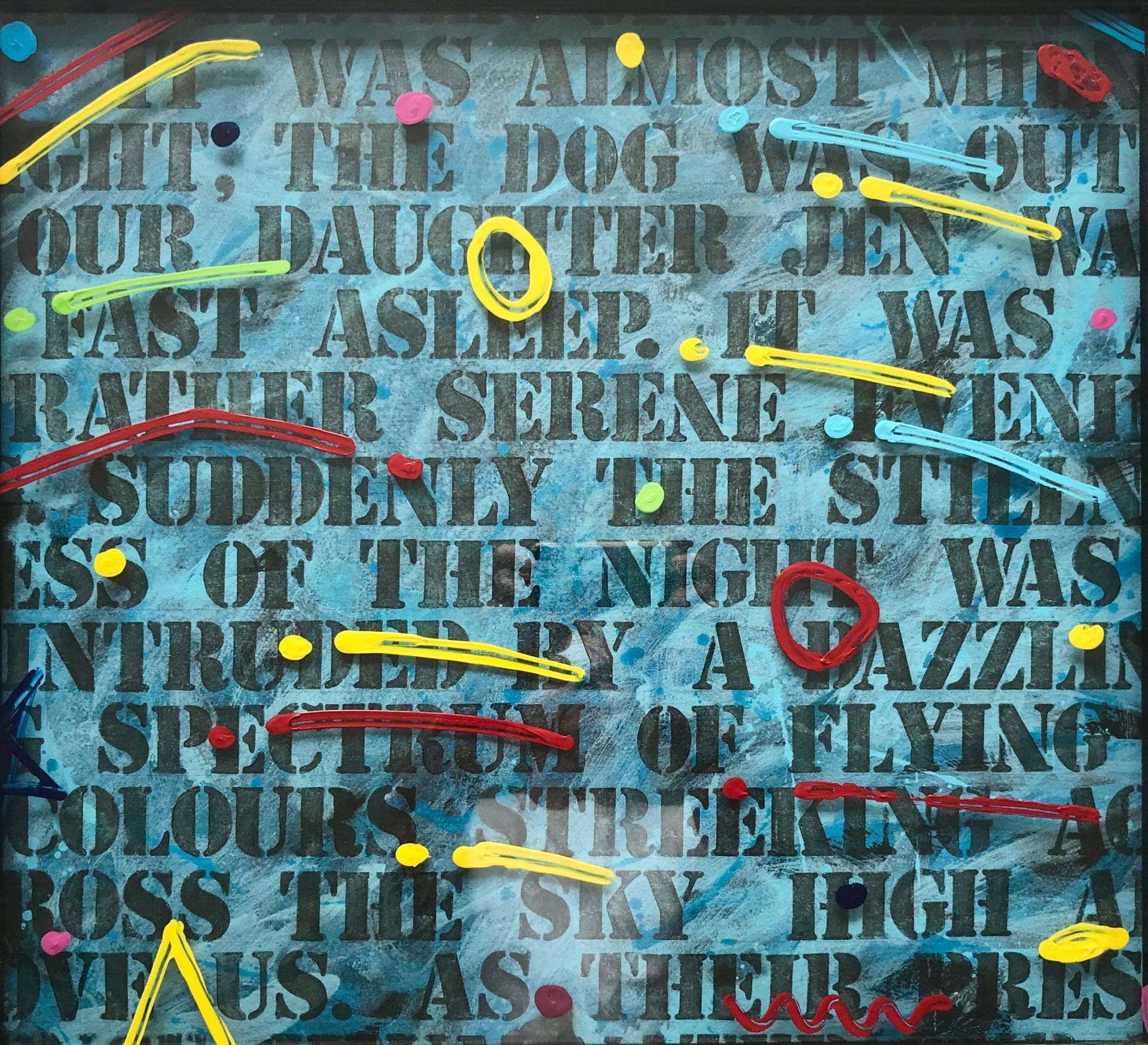 A painting with a lot of words on it