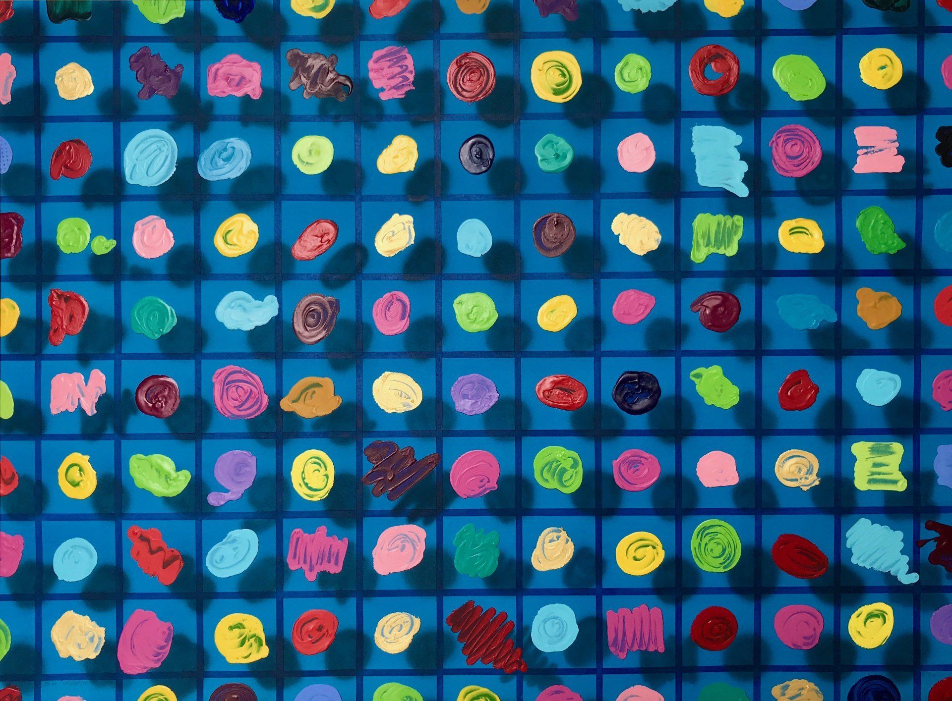 A blue background with lots of colorful dots on it