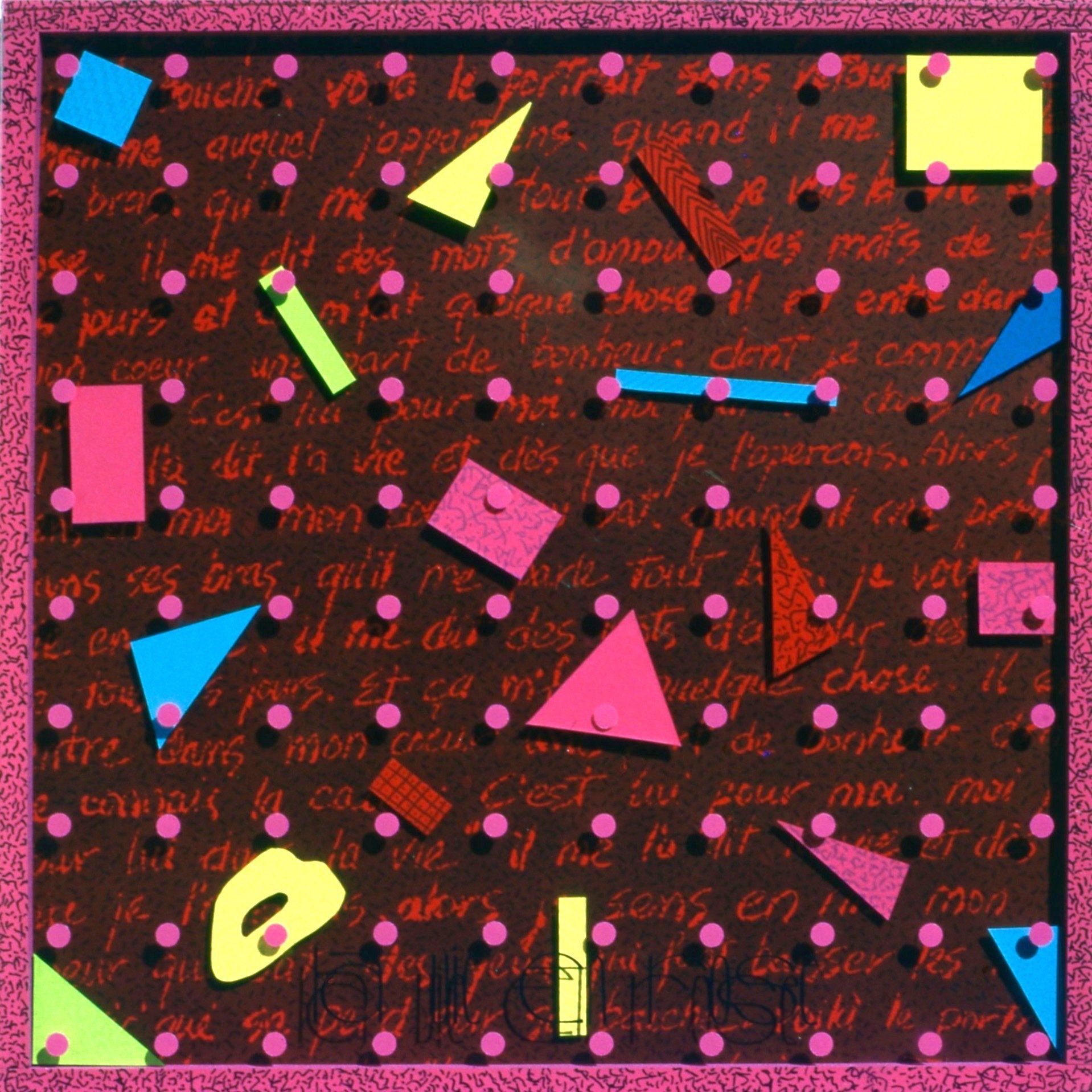 A colorful collage of letters and triangles with the letter o in the middle