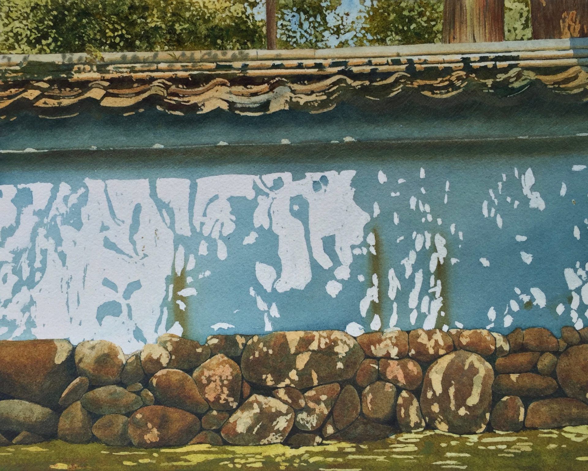 A painting of a stone wall with a blue wall in the background
