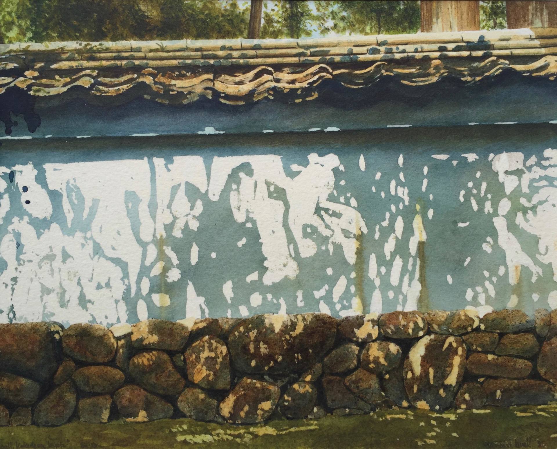A painting of a stone wall with peeling paint