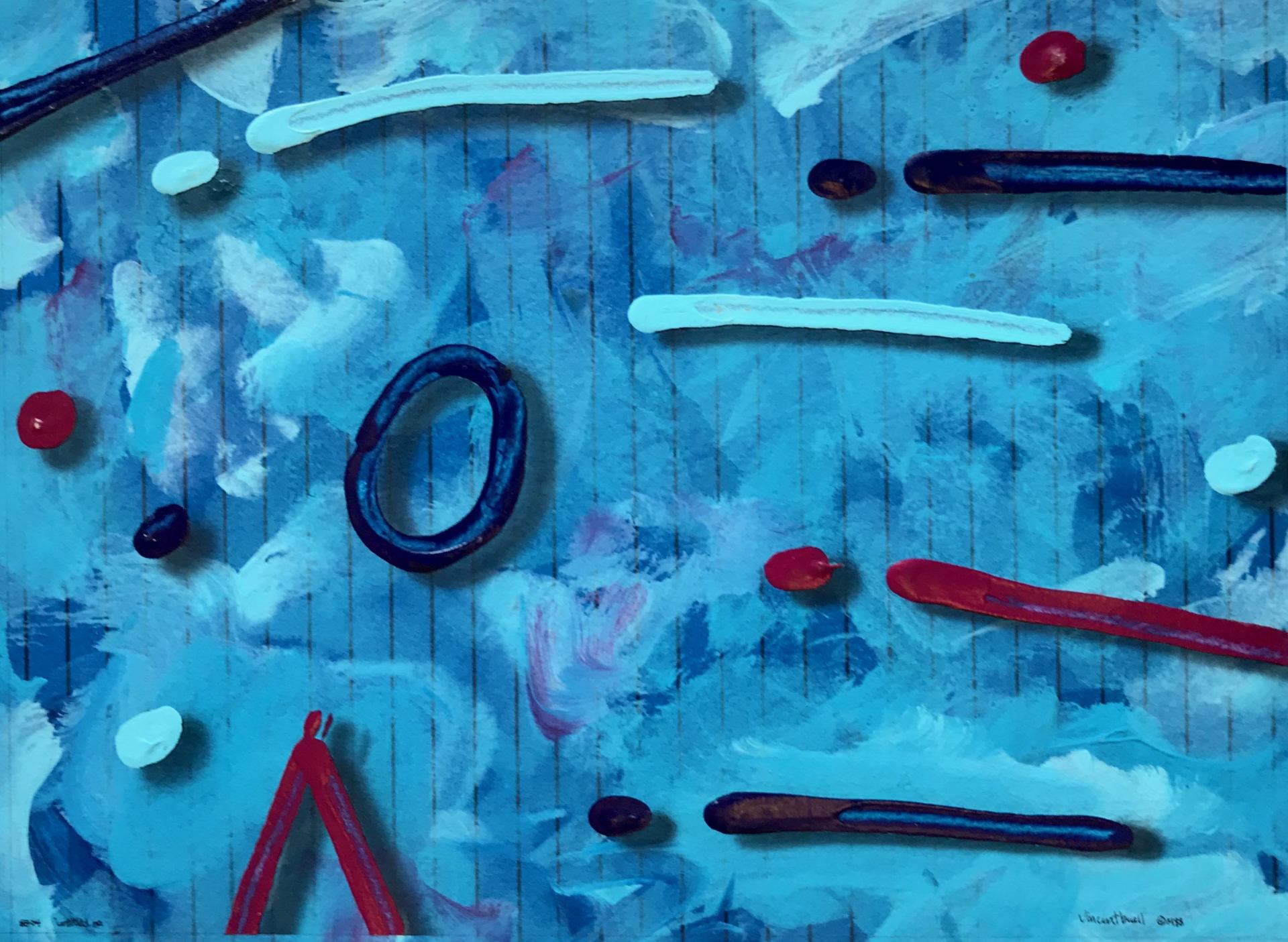 A blue painting with red and white lines and circles on it