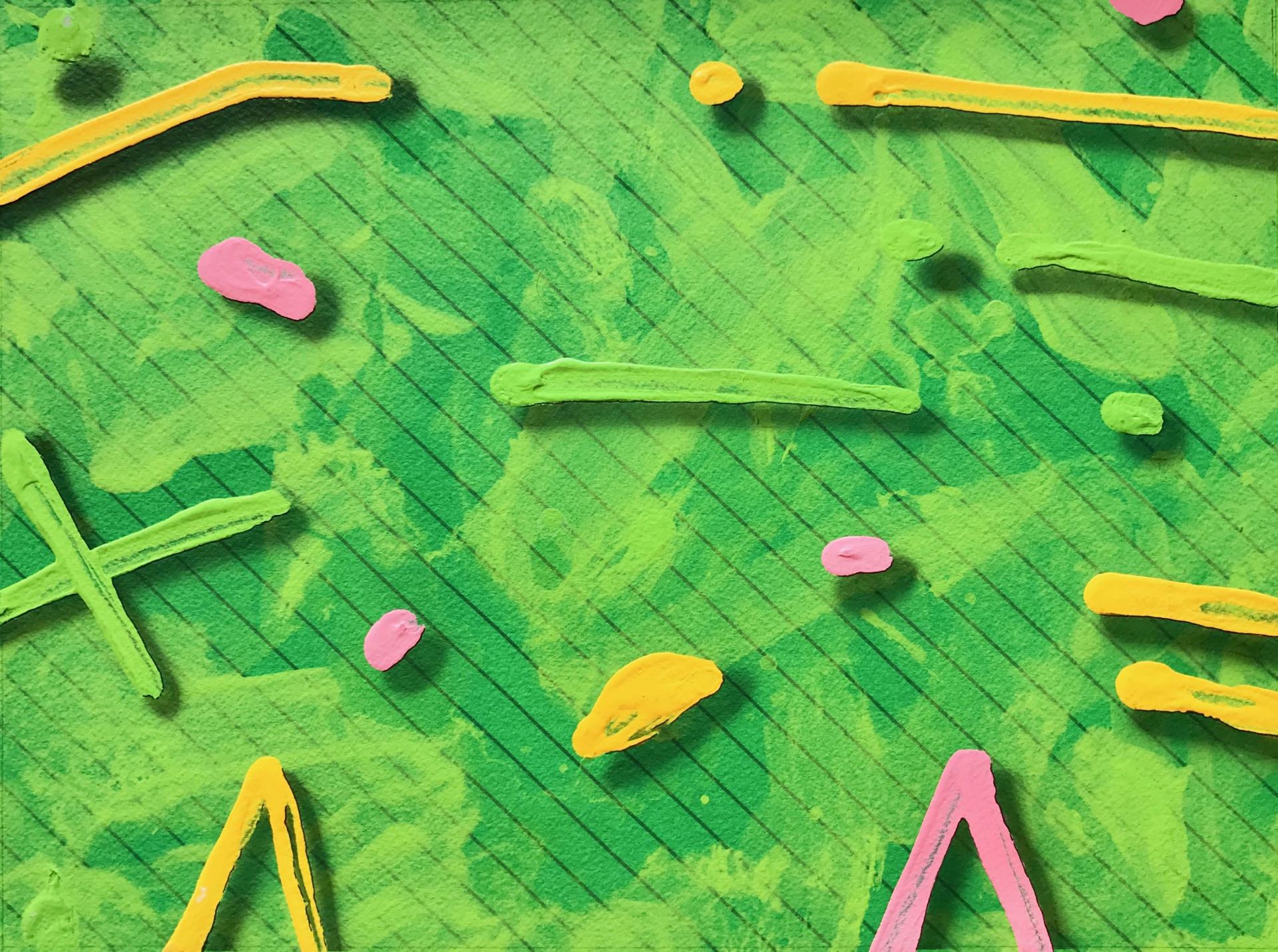 A green background with yellow and pink letters and numbers