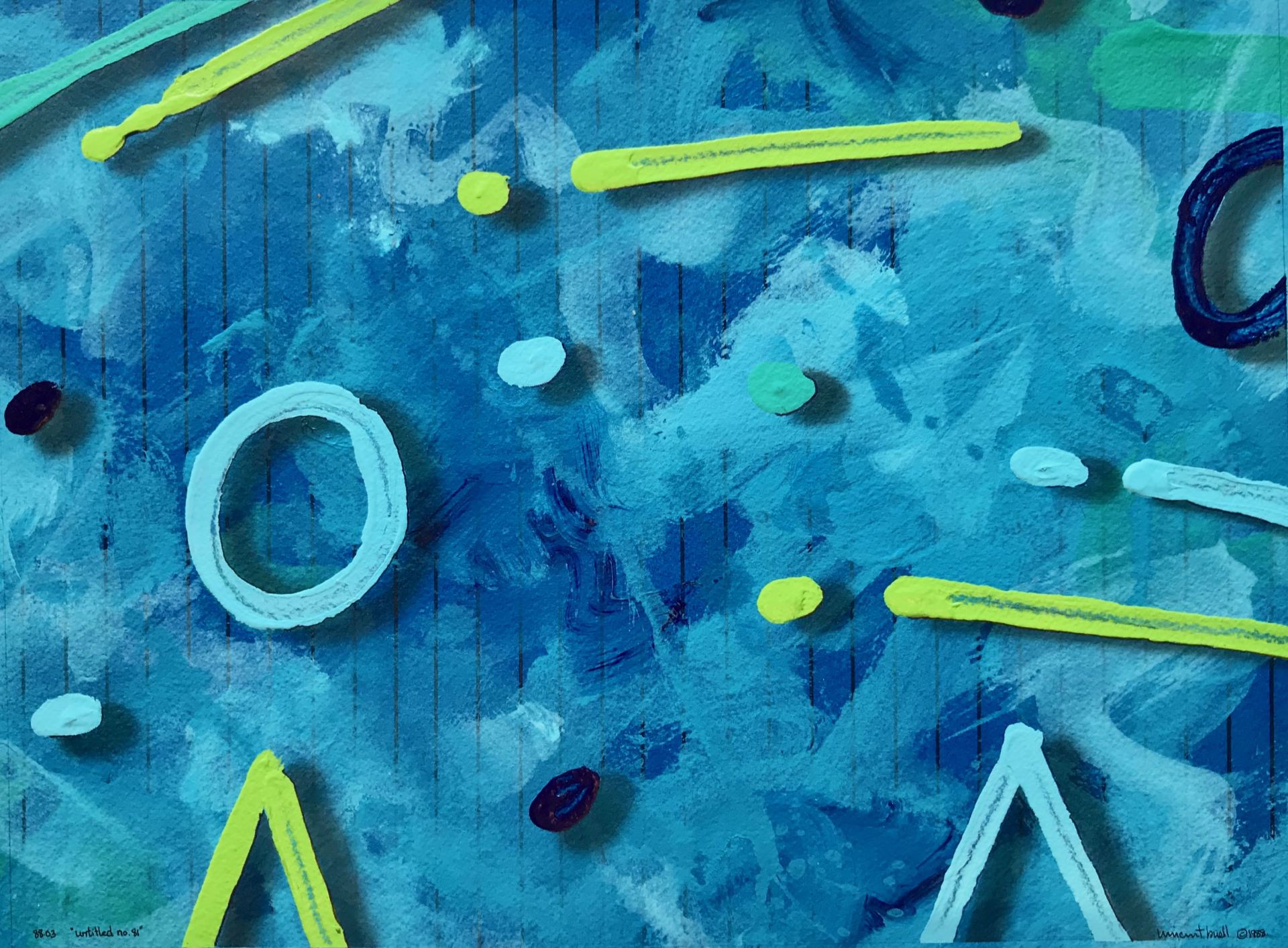 A blue painting with yellow lines and circles on it