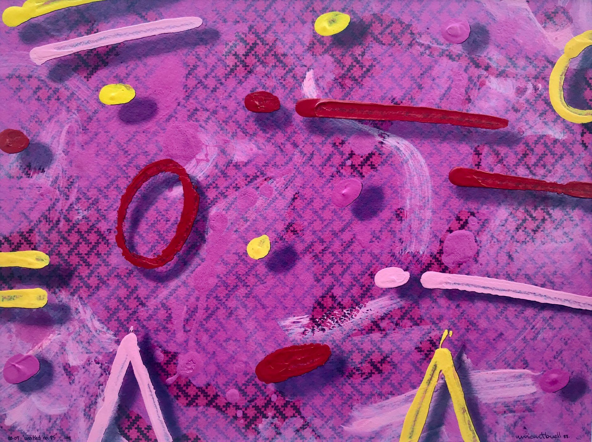A purple painting with red circles and yellow lines