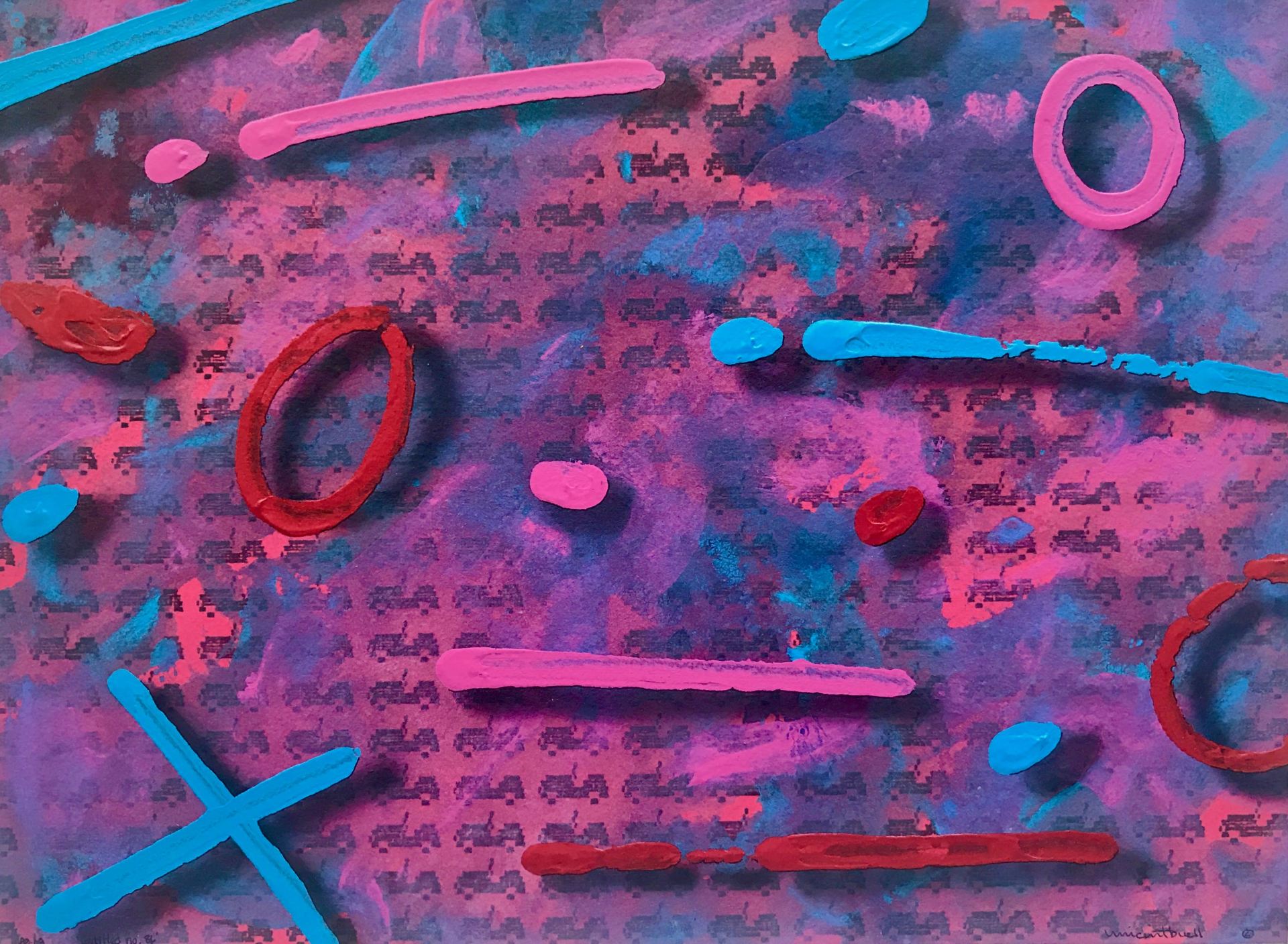 A painting of circles and lines on a purple background