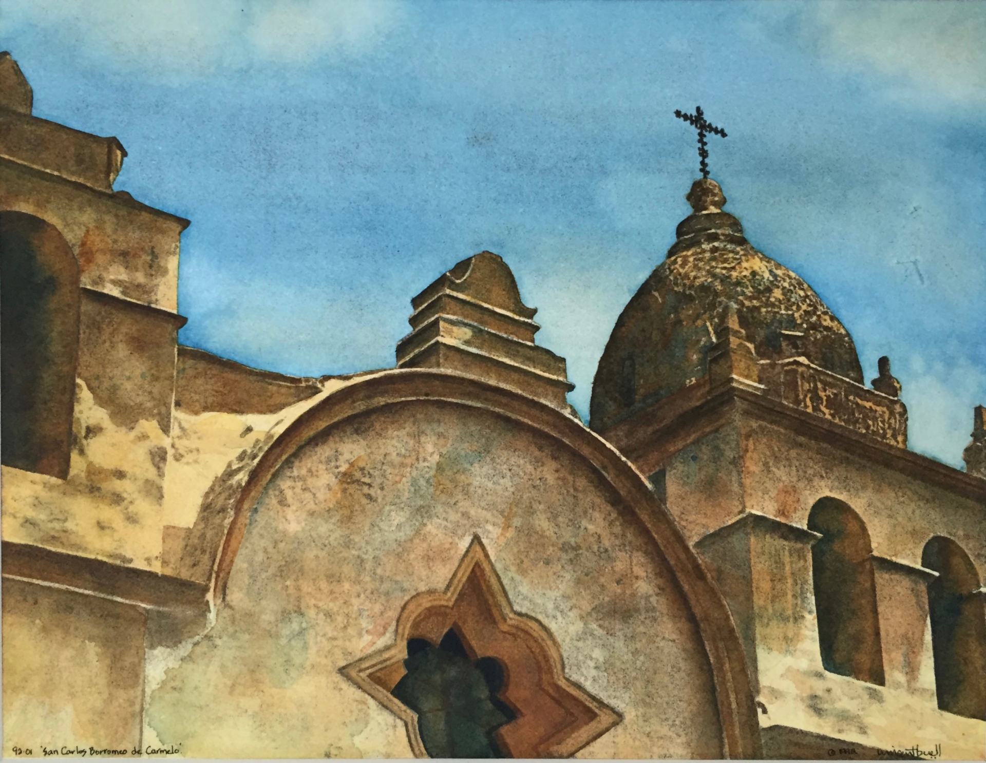 A painting of a church with a cross on top