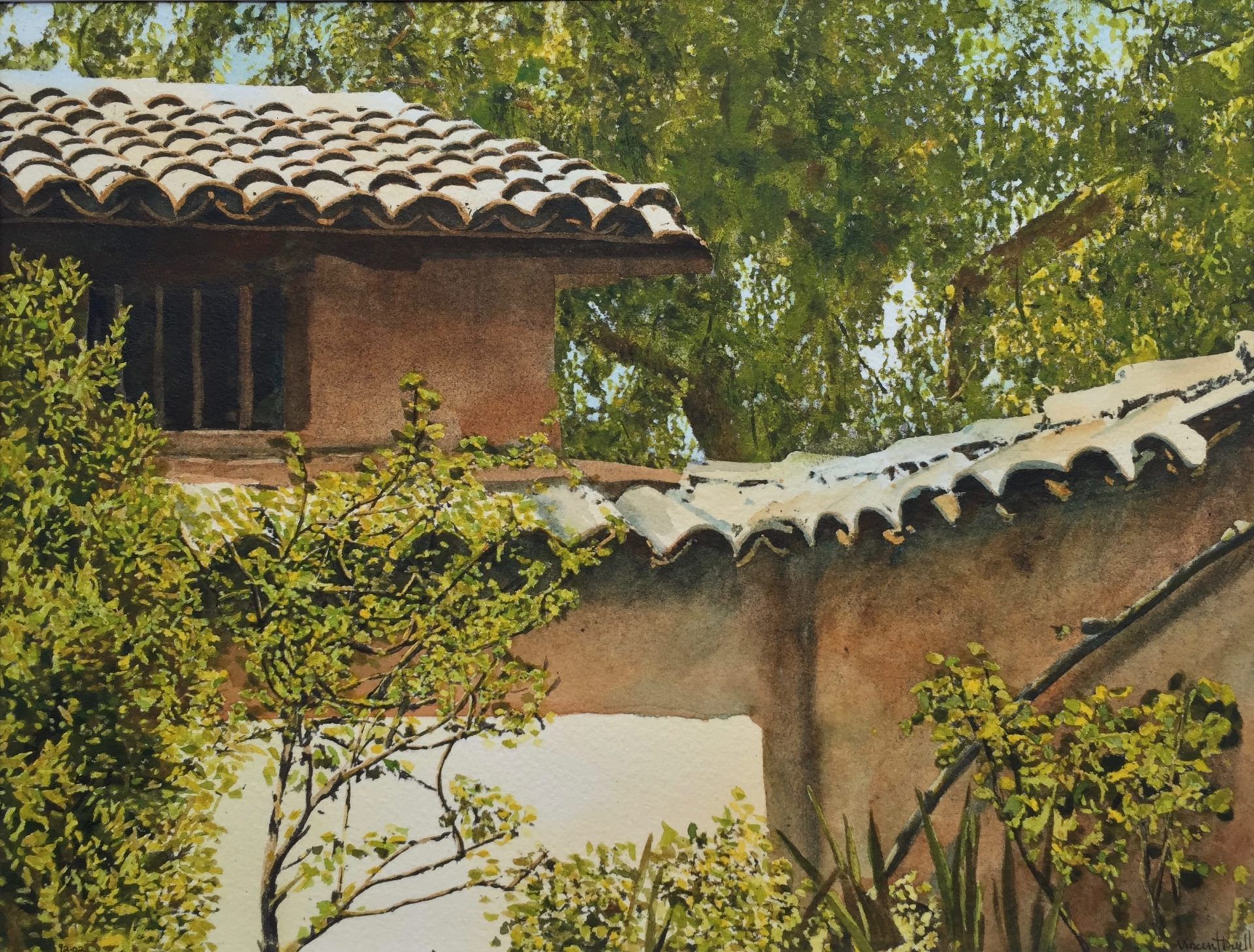 A painting of a building with a tiled roof