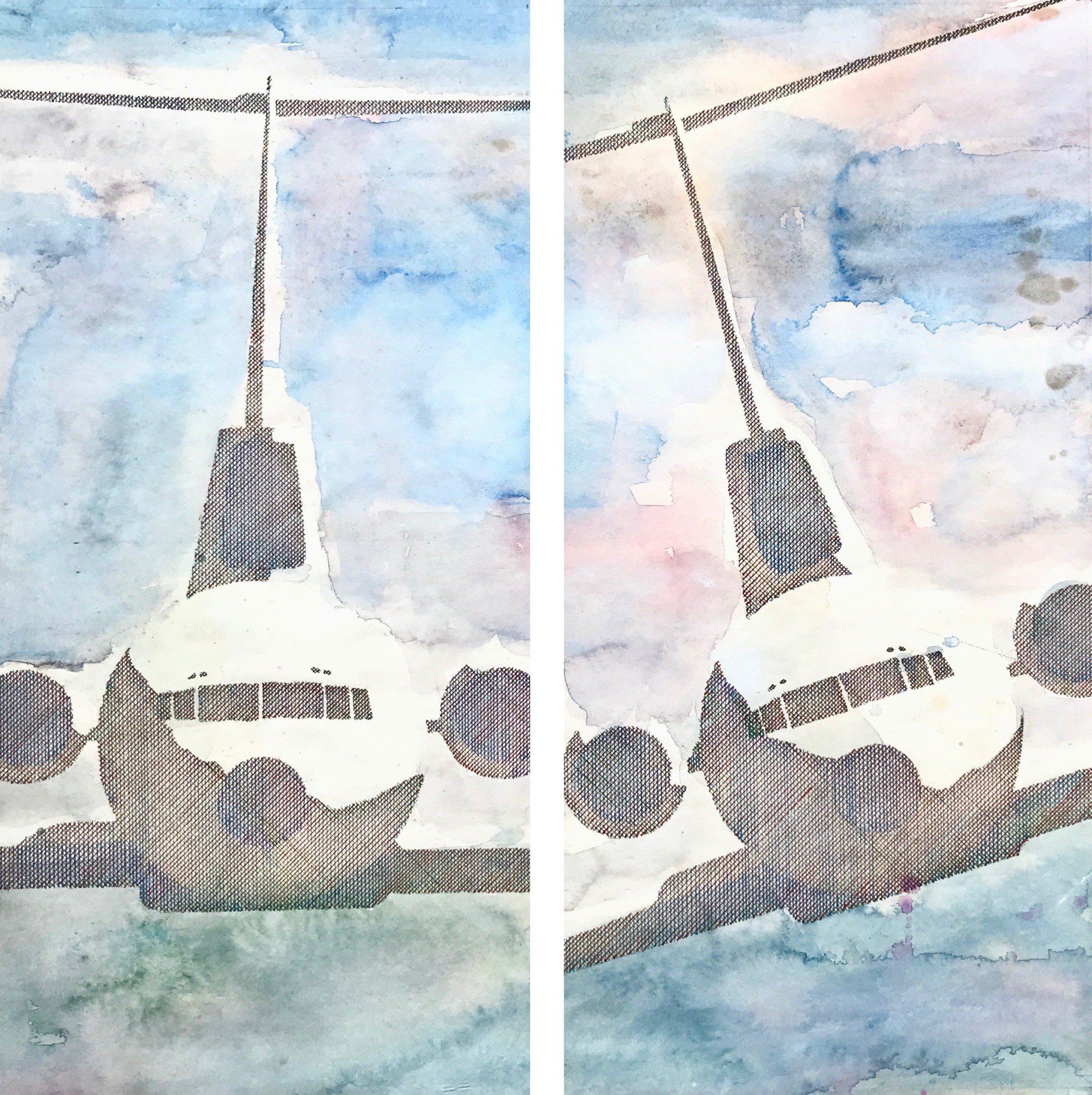 Two watercolor paintings of a helicopter flying in the sky