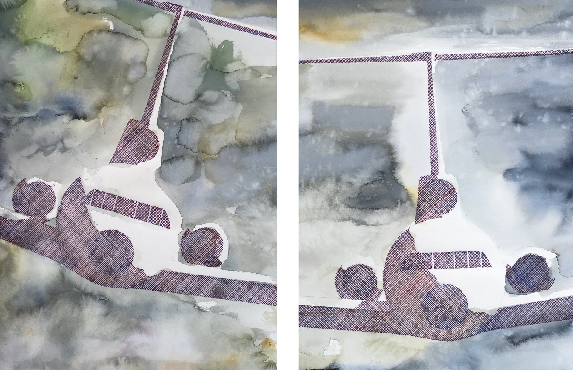 A couple of paintings of a ski lift with people on it.