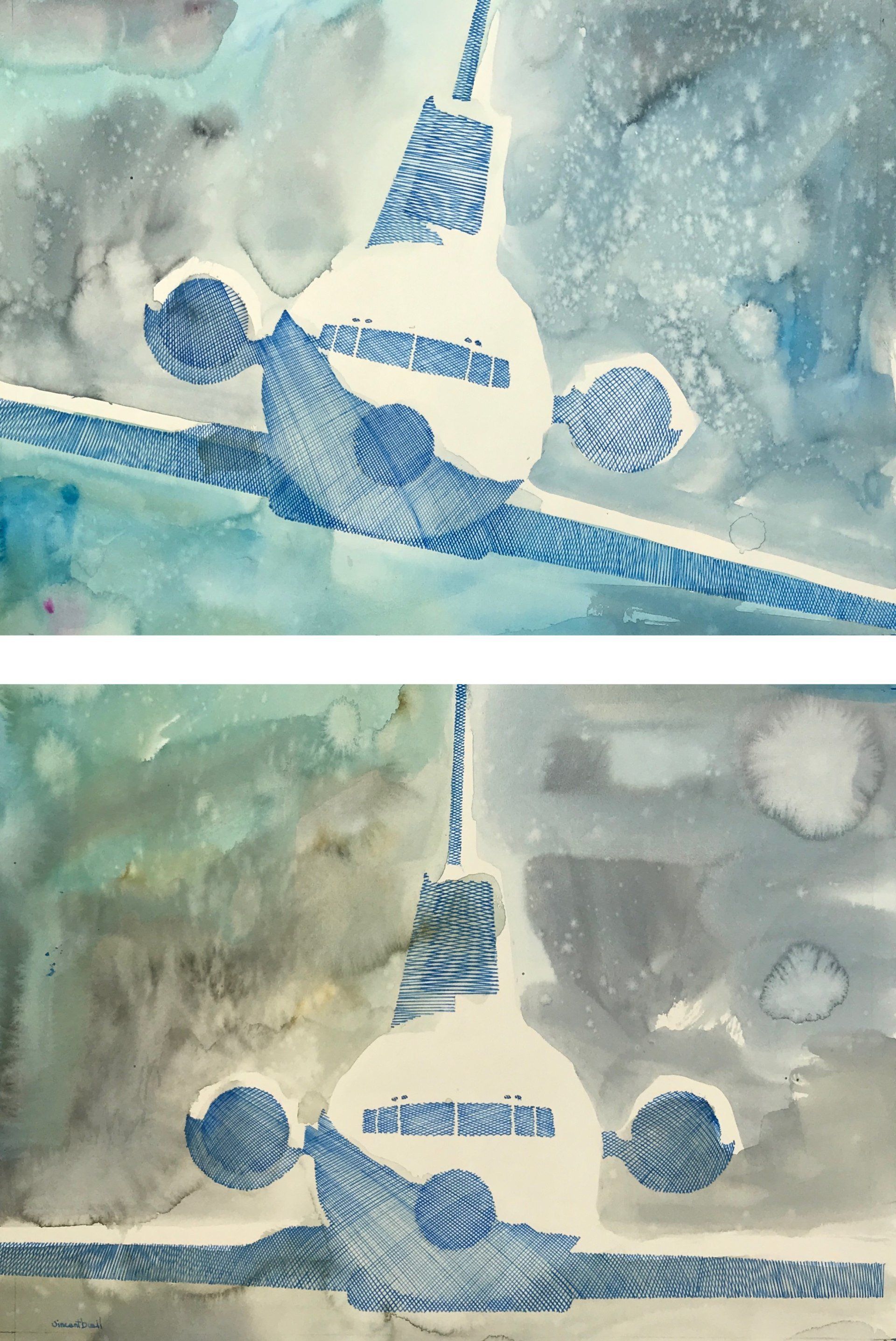 A blue and white painting of a plane with the word jetstar on it