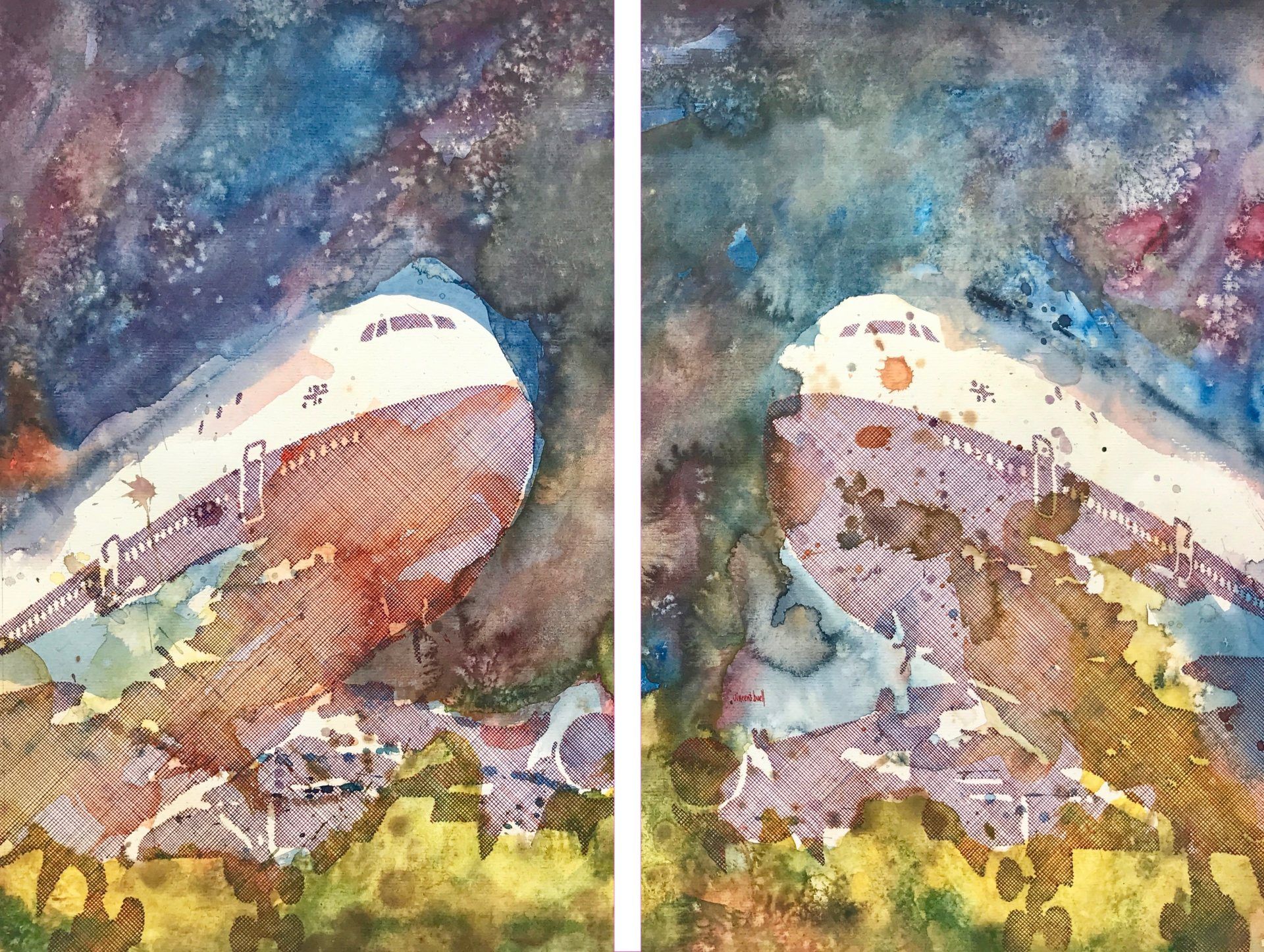 A painting of a mountain with a galaxy in the background