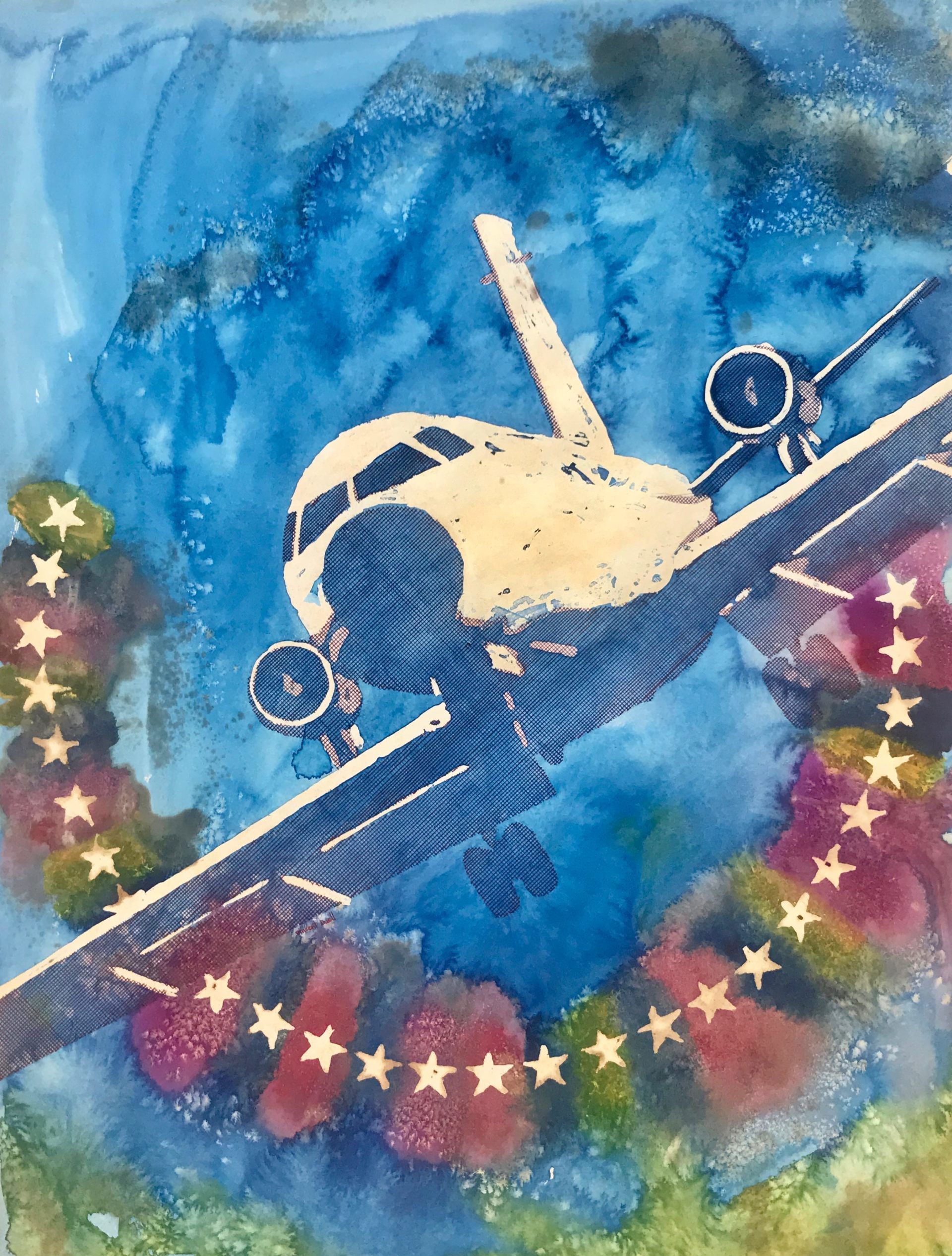 A painting of a plane flying through the air