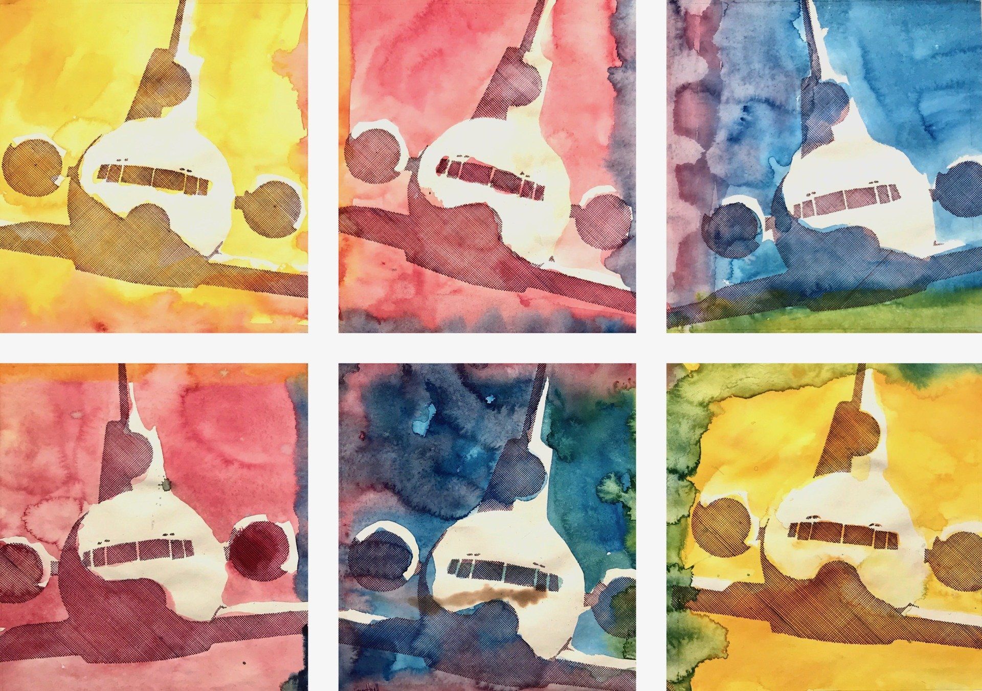 A collage of paintings of a cat in different colors