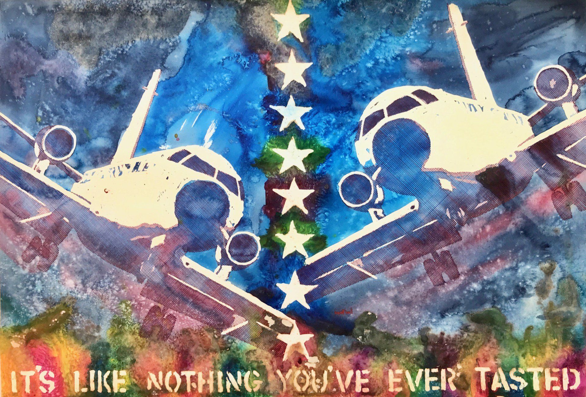 A painting of two airplanes with the words it 's like nothing you 've ever tasted
