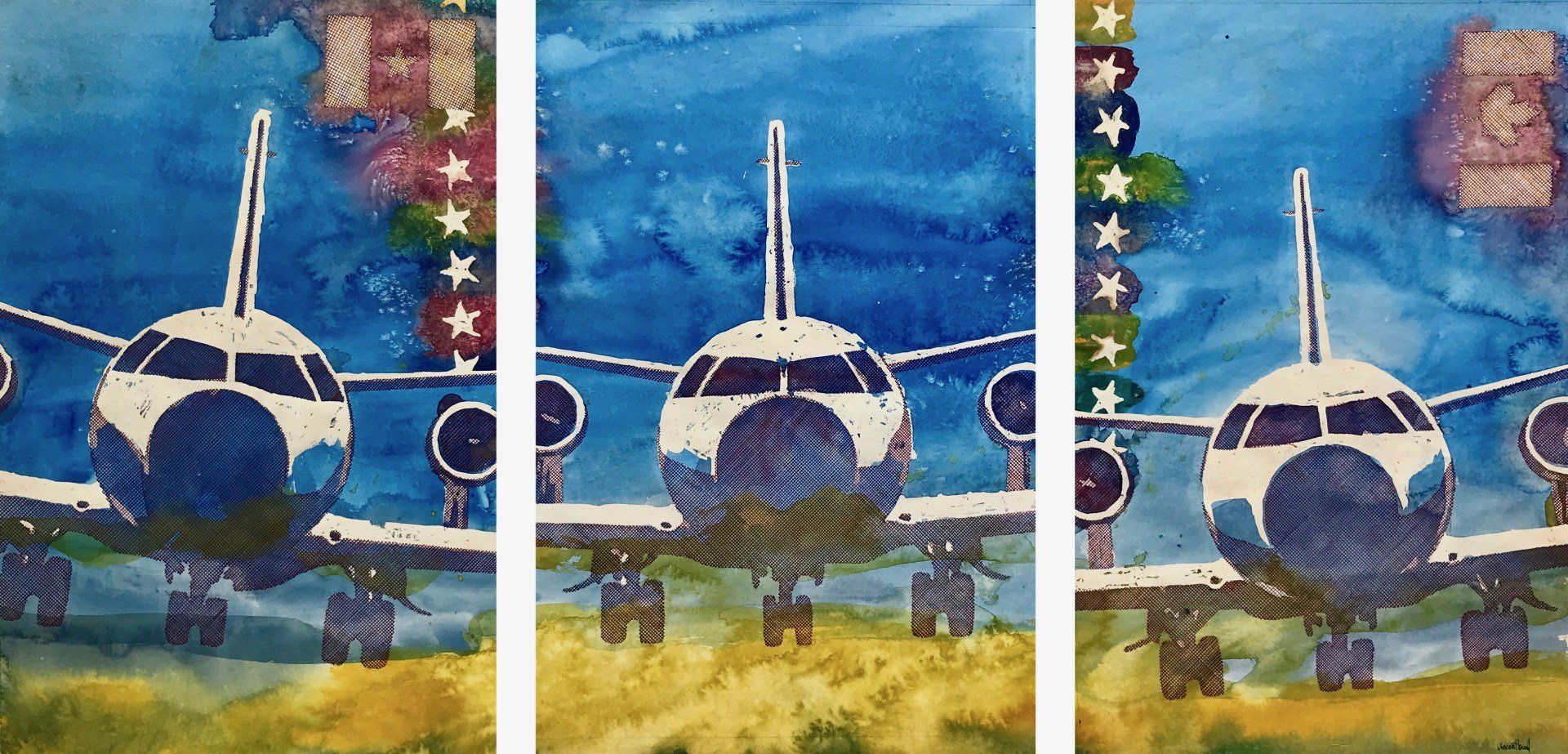 A painting of three airplanes sitting on a runway
