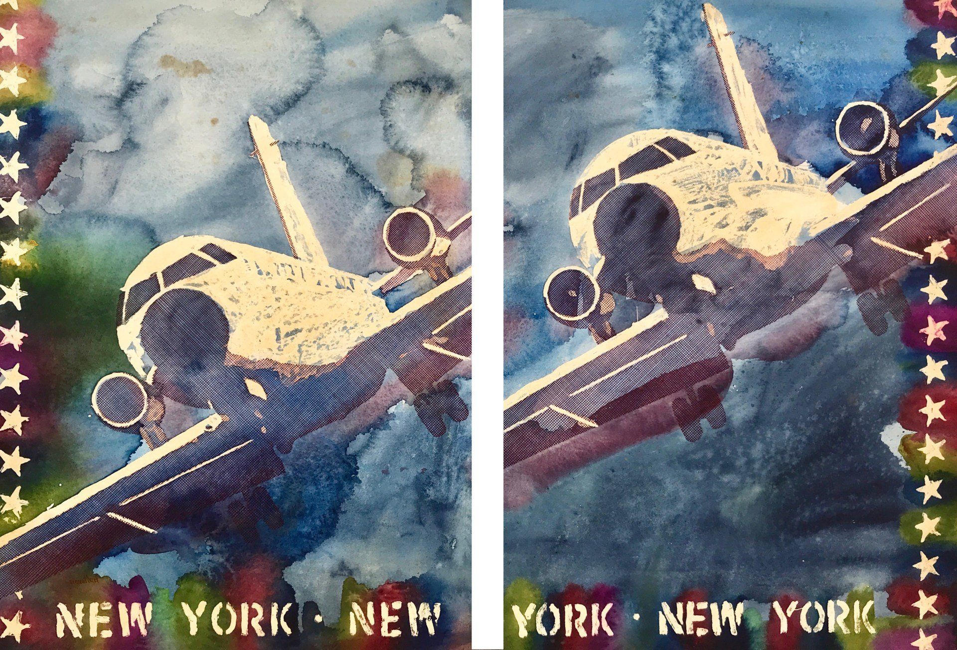 A painting of a plane flying over new york