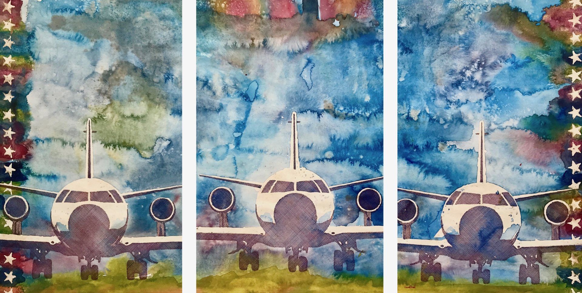 A painting of three airplanes sitting on a runway