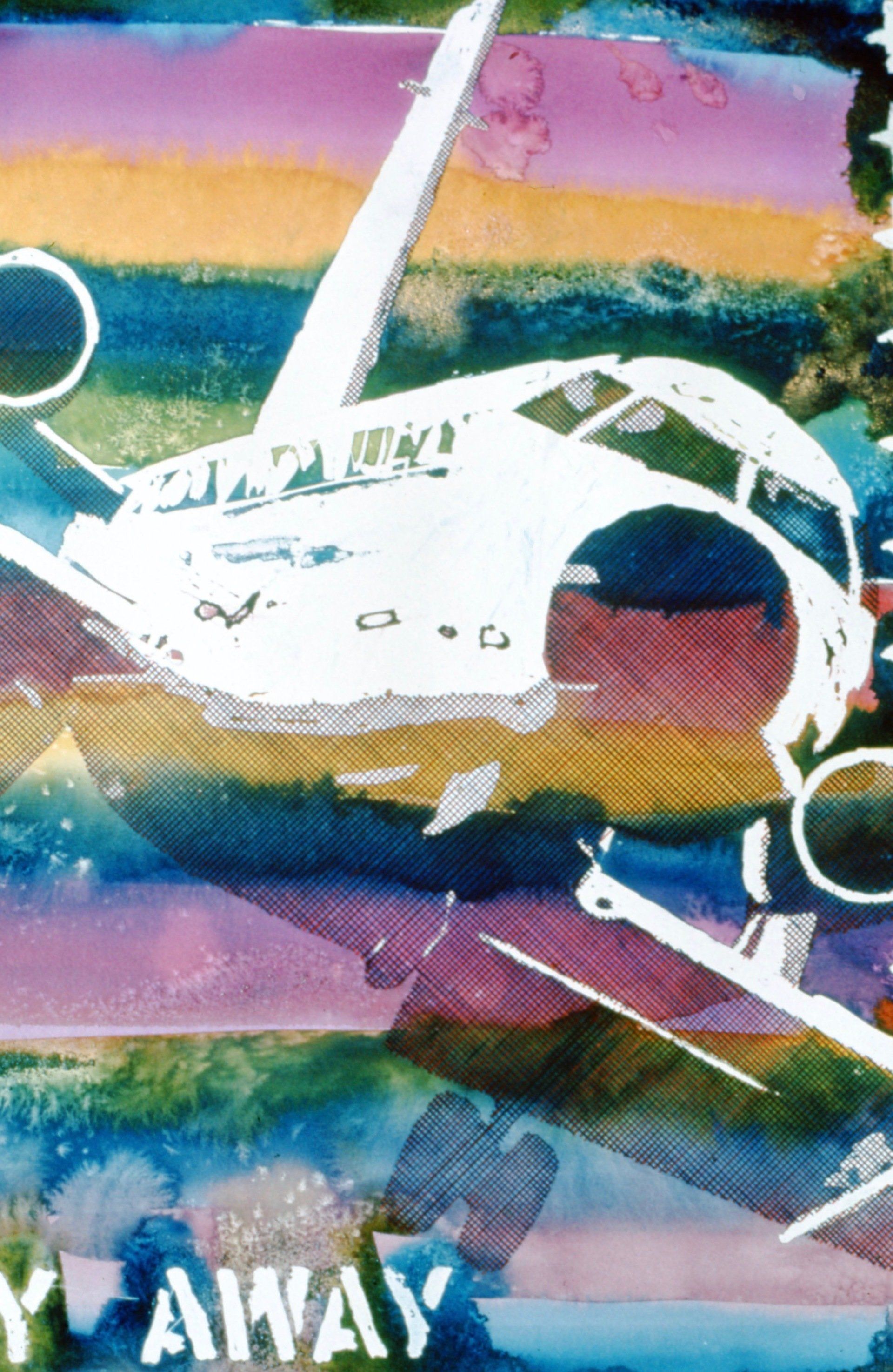 A painting of an airplane with the words 