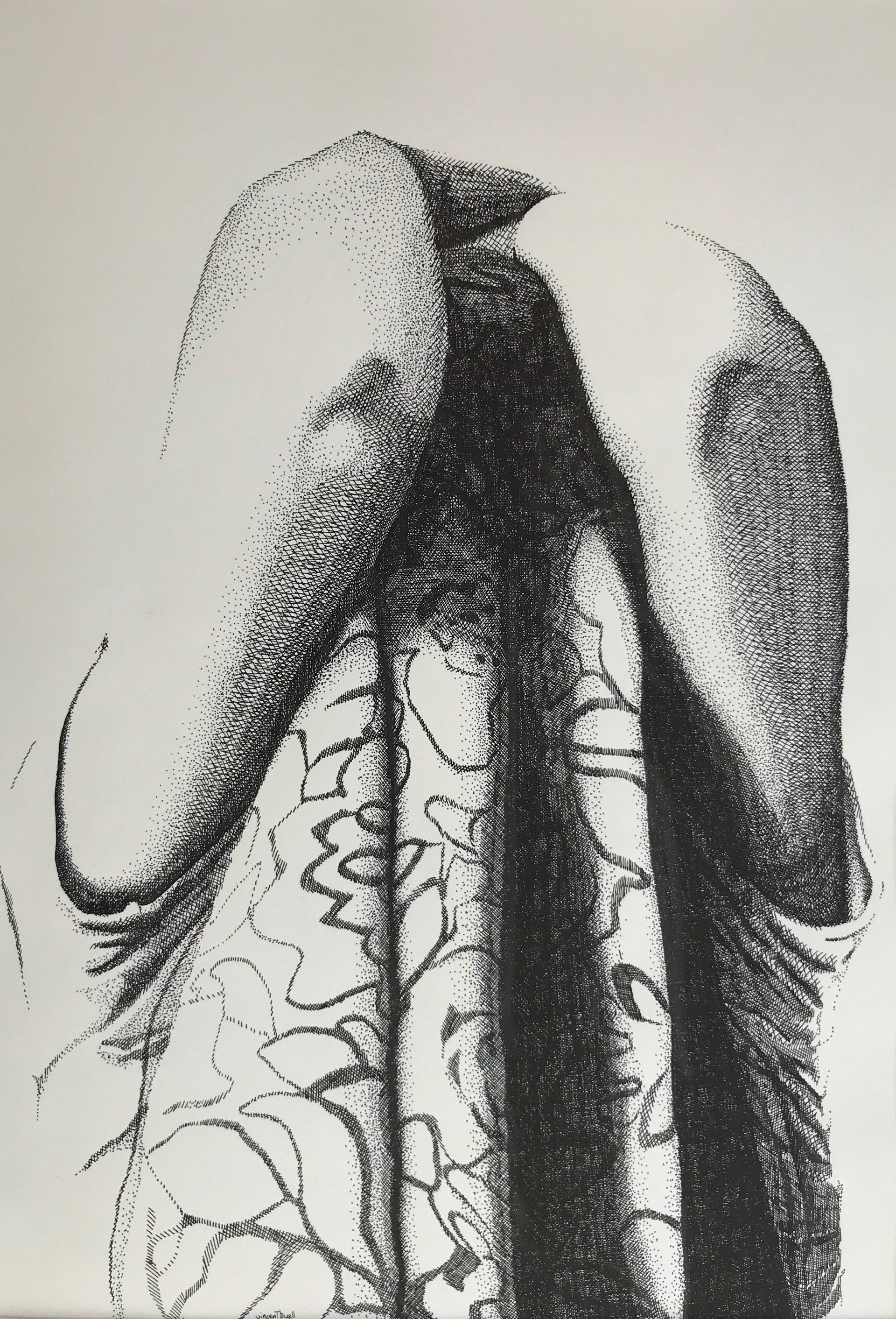 A black and white drawing of a person with long hair