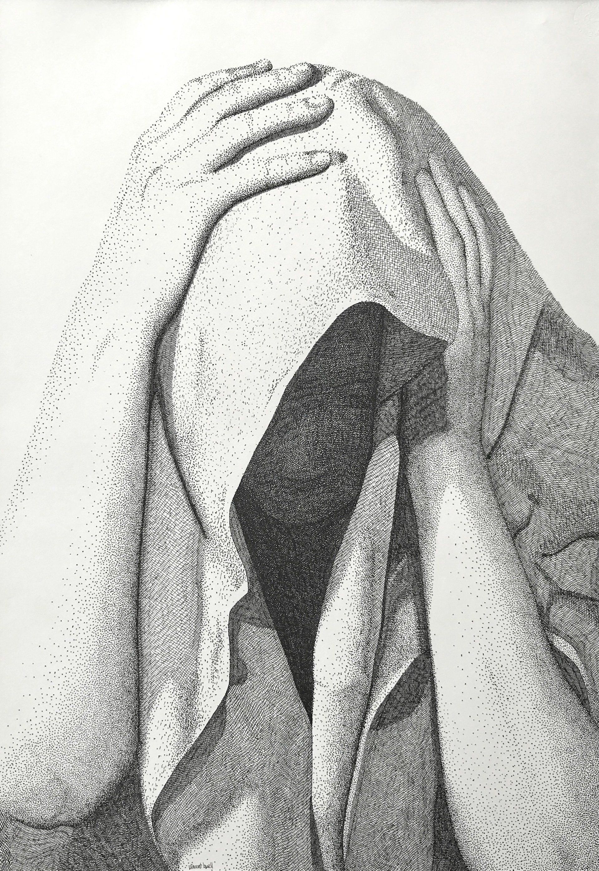 A black and white drawing of a person covering their face