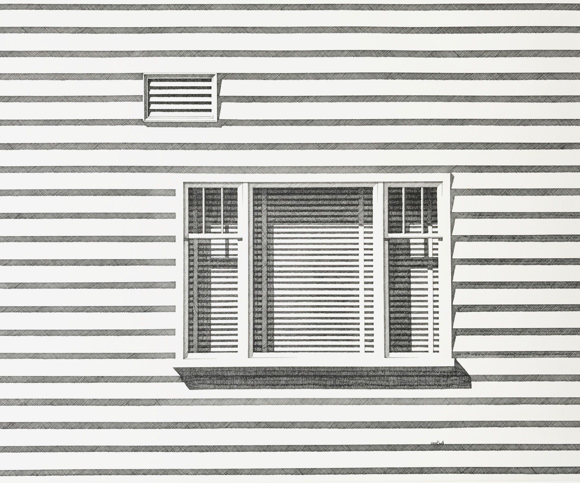 A black and white drawing of a window with blinds