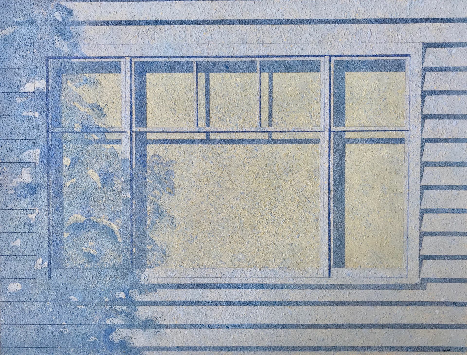 A painting of a window on the side of a building.