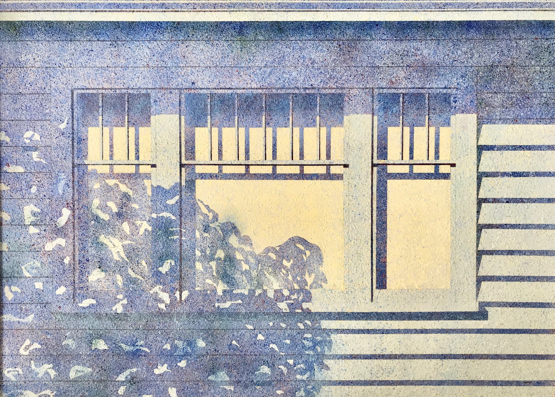 A painting of a building with blue and white stripes