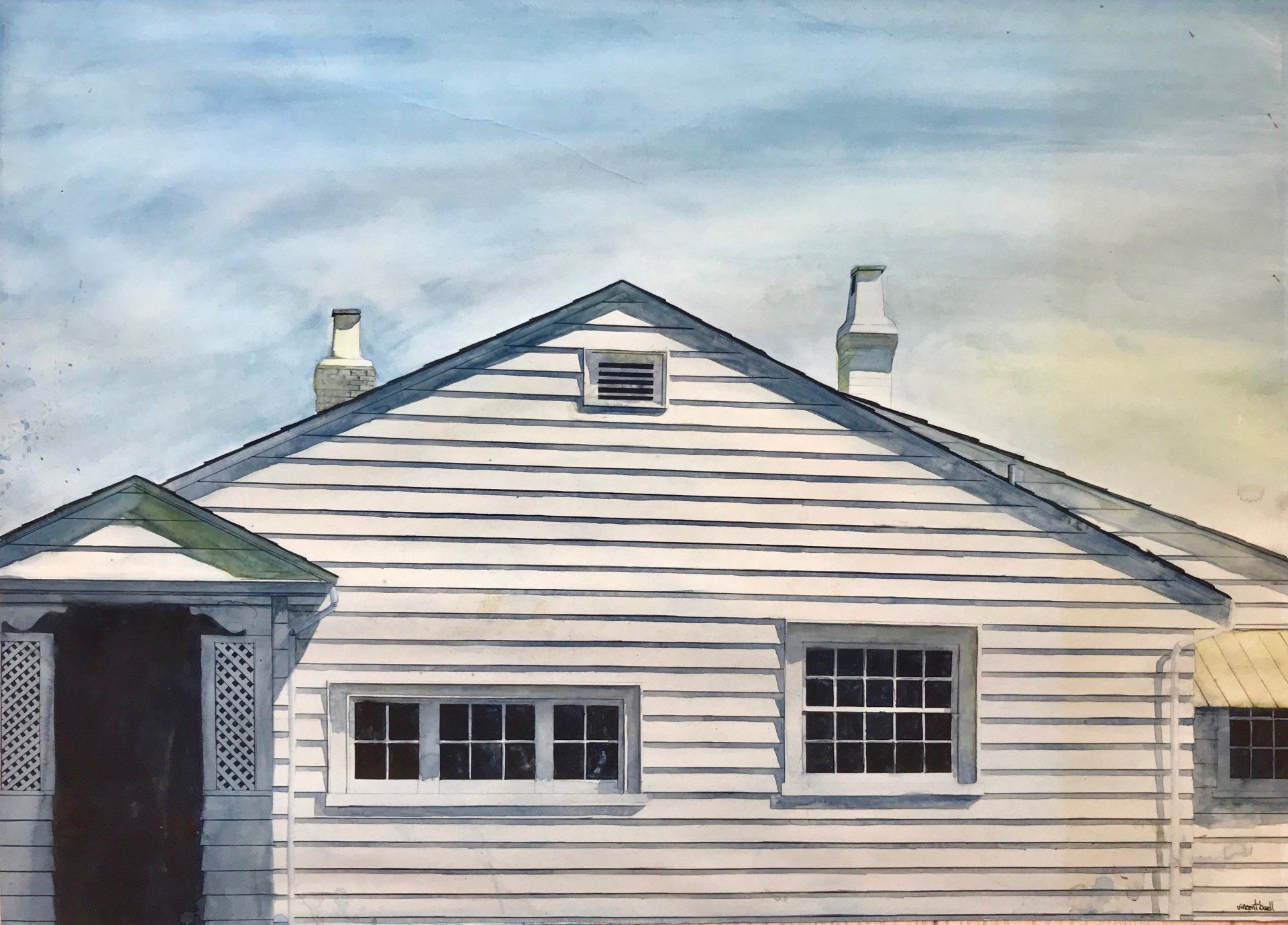 A painting of a white house with a chimney on the roof