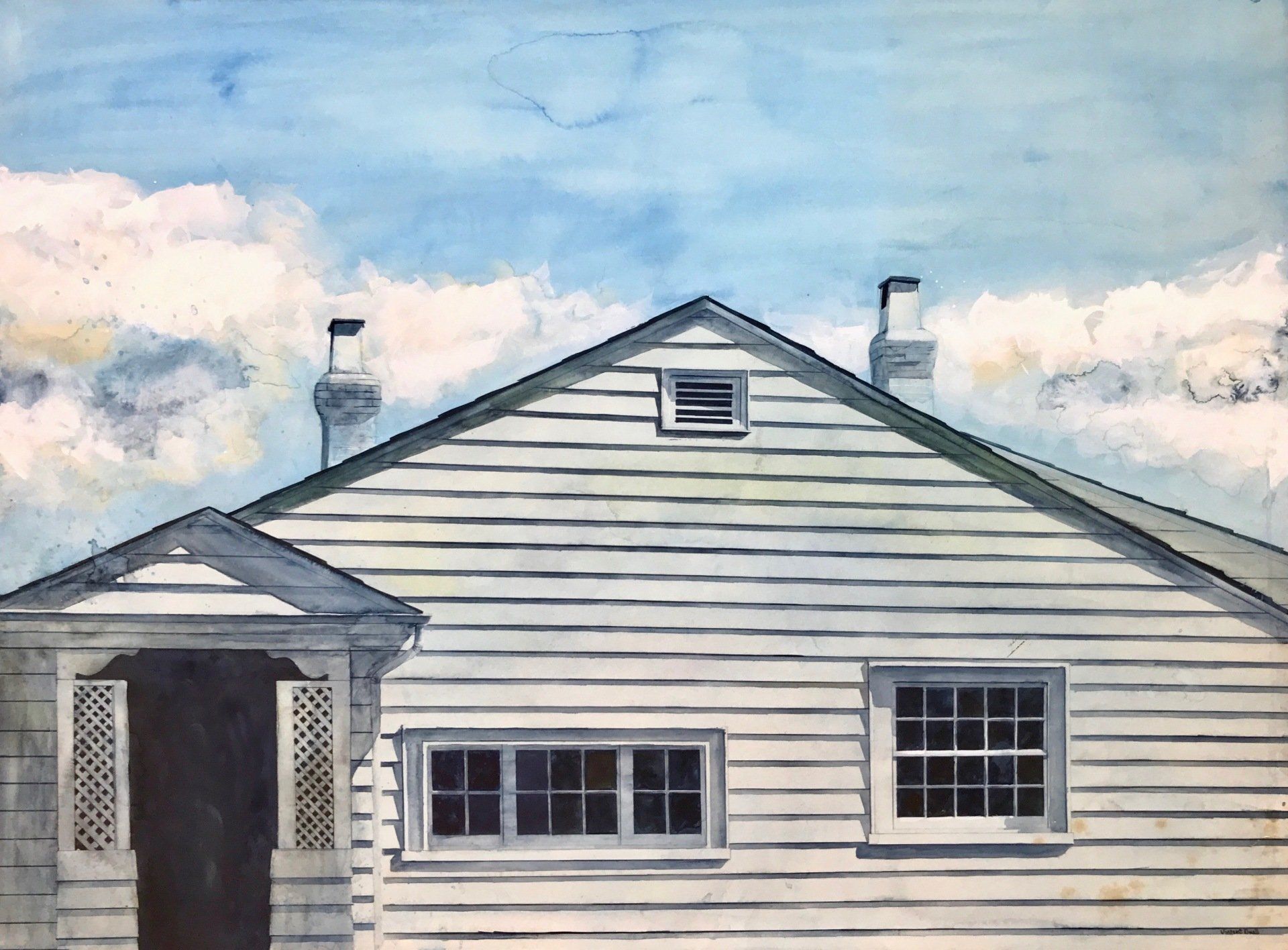 A painting of a white house with a blue sky in the background