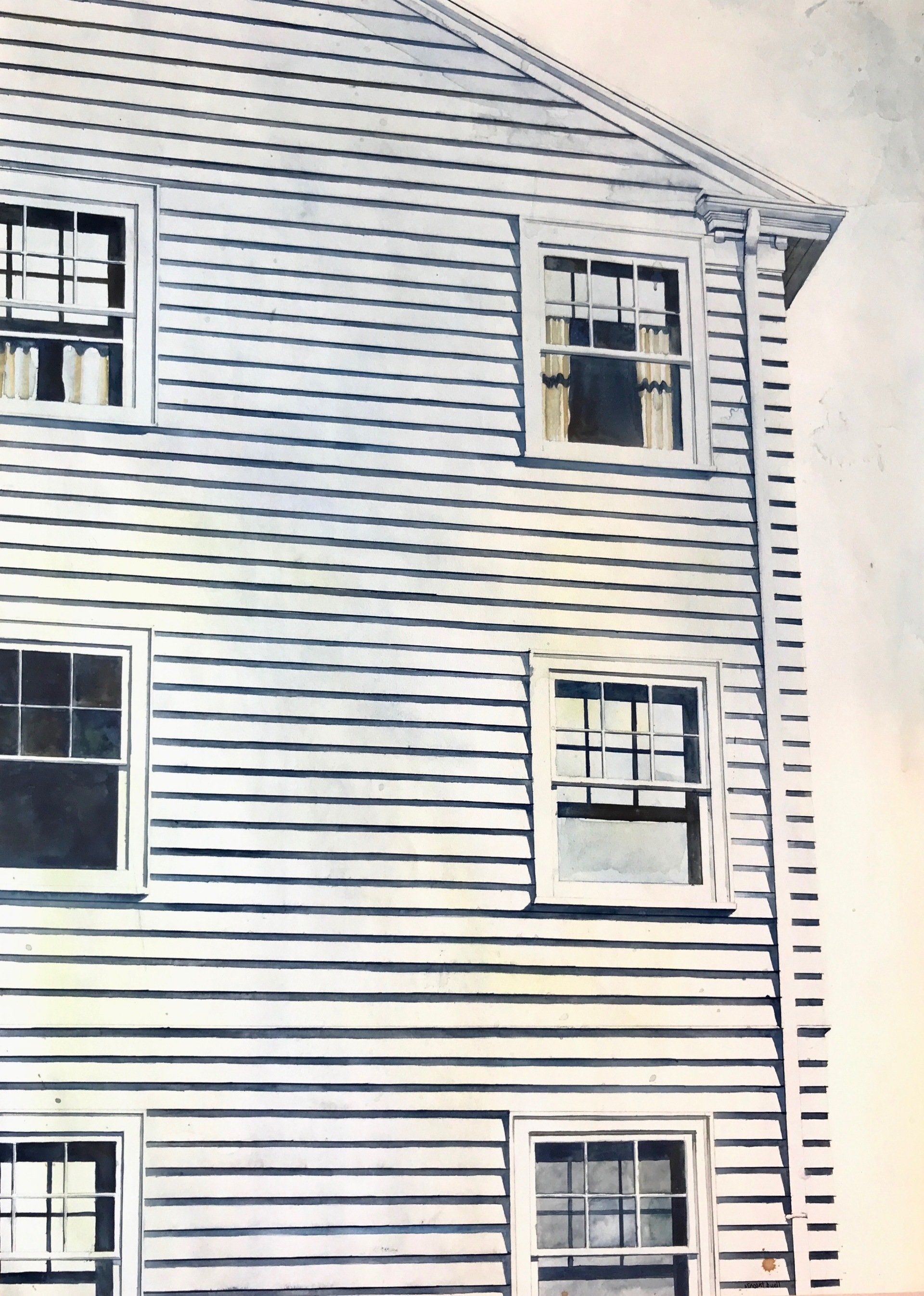 A black and white drawing of a house with a shingle roof