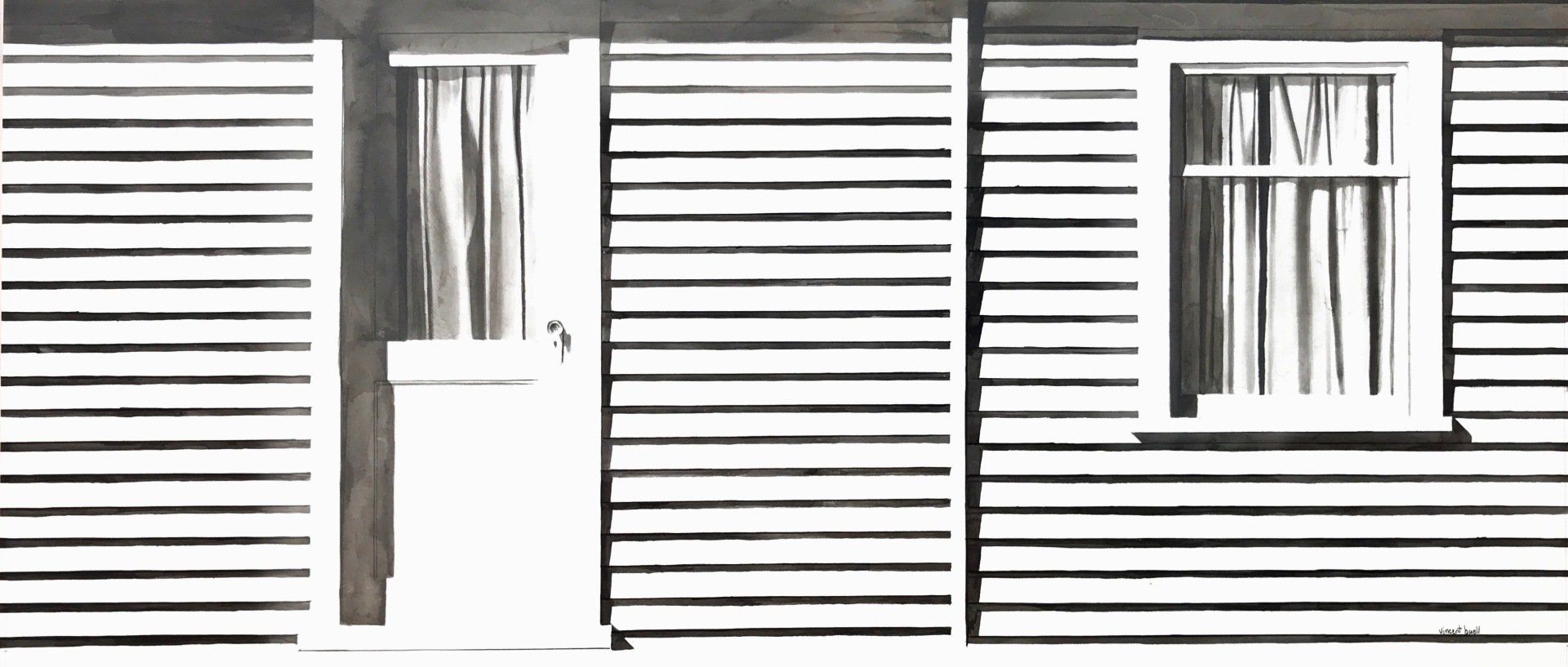 A black and white drawing of a house with a window