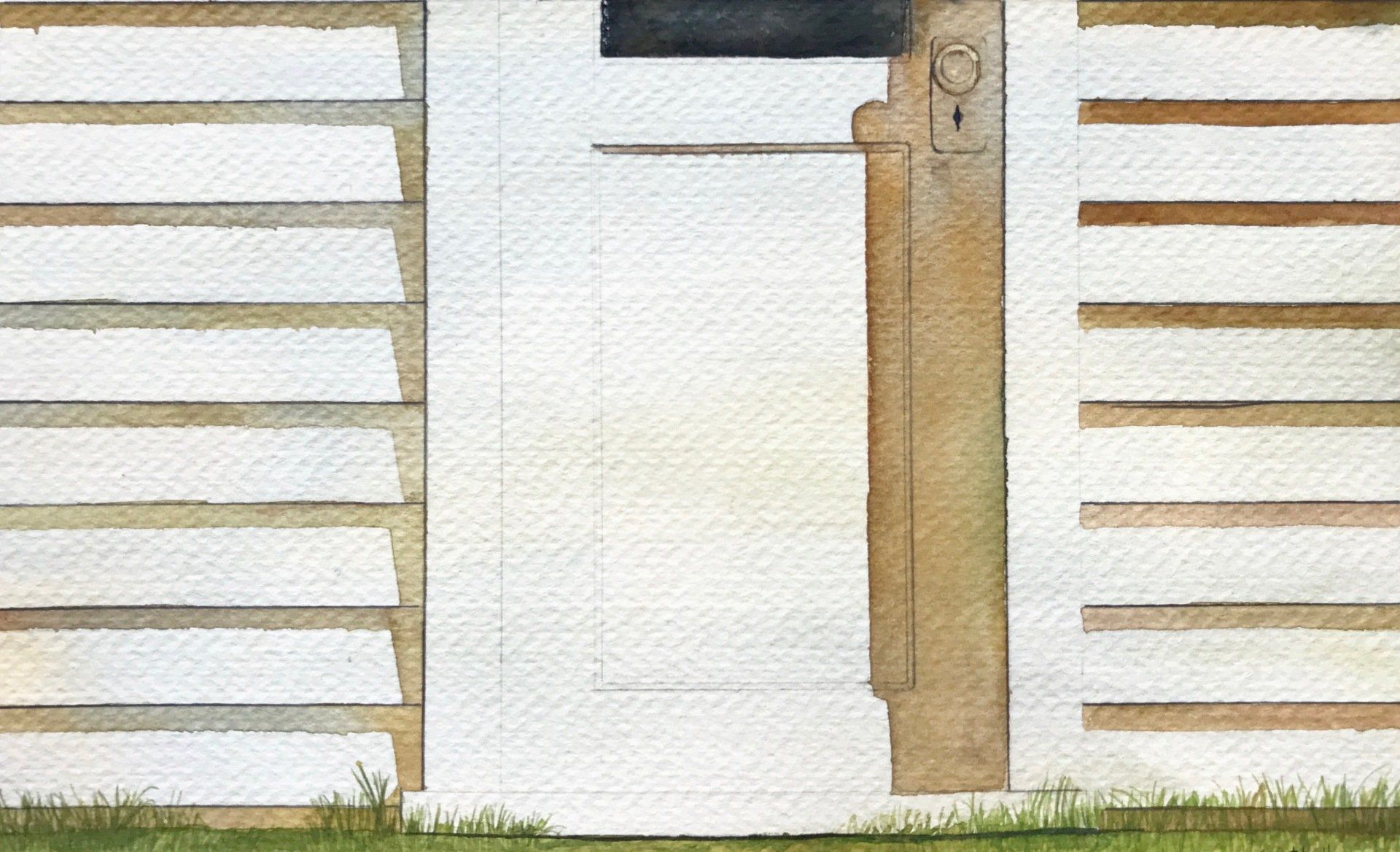A watercolor painting of a white fence with a wooden door.