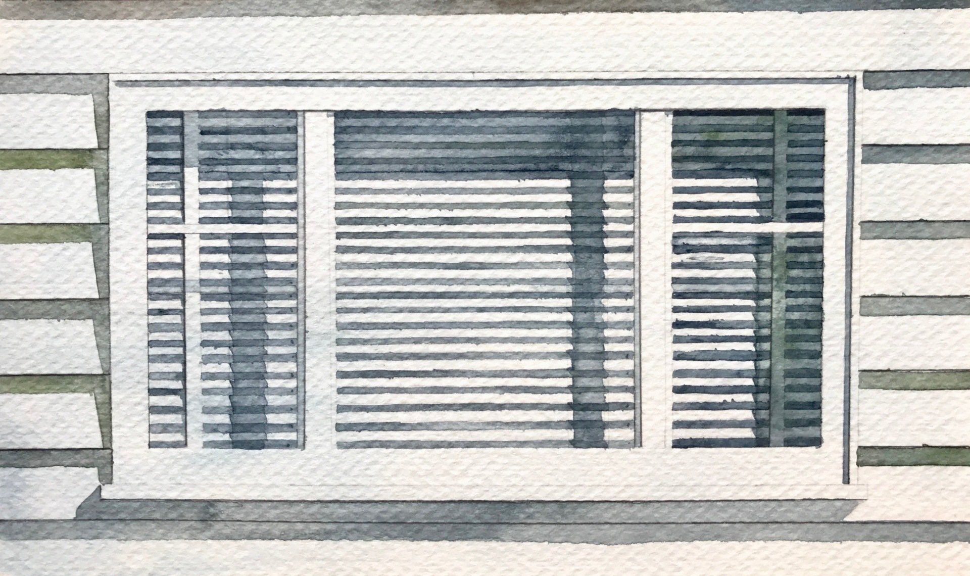 A watercolor painting of a window with shutters on it.