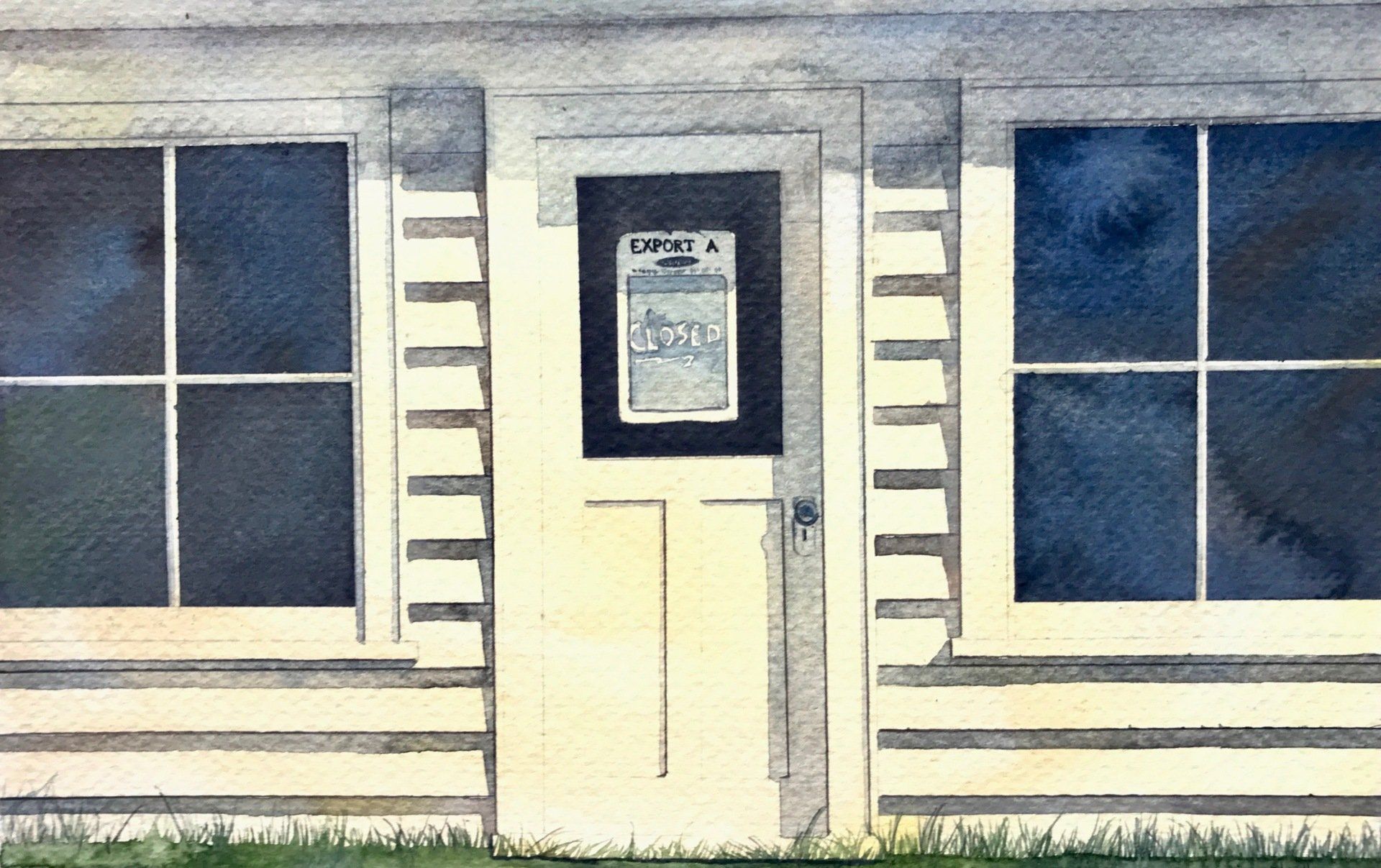 A watercolor painting of a house with a mailbox on the door
