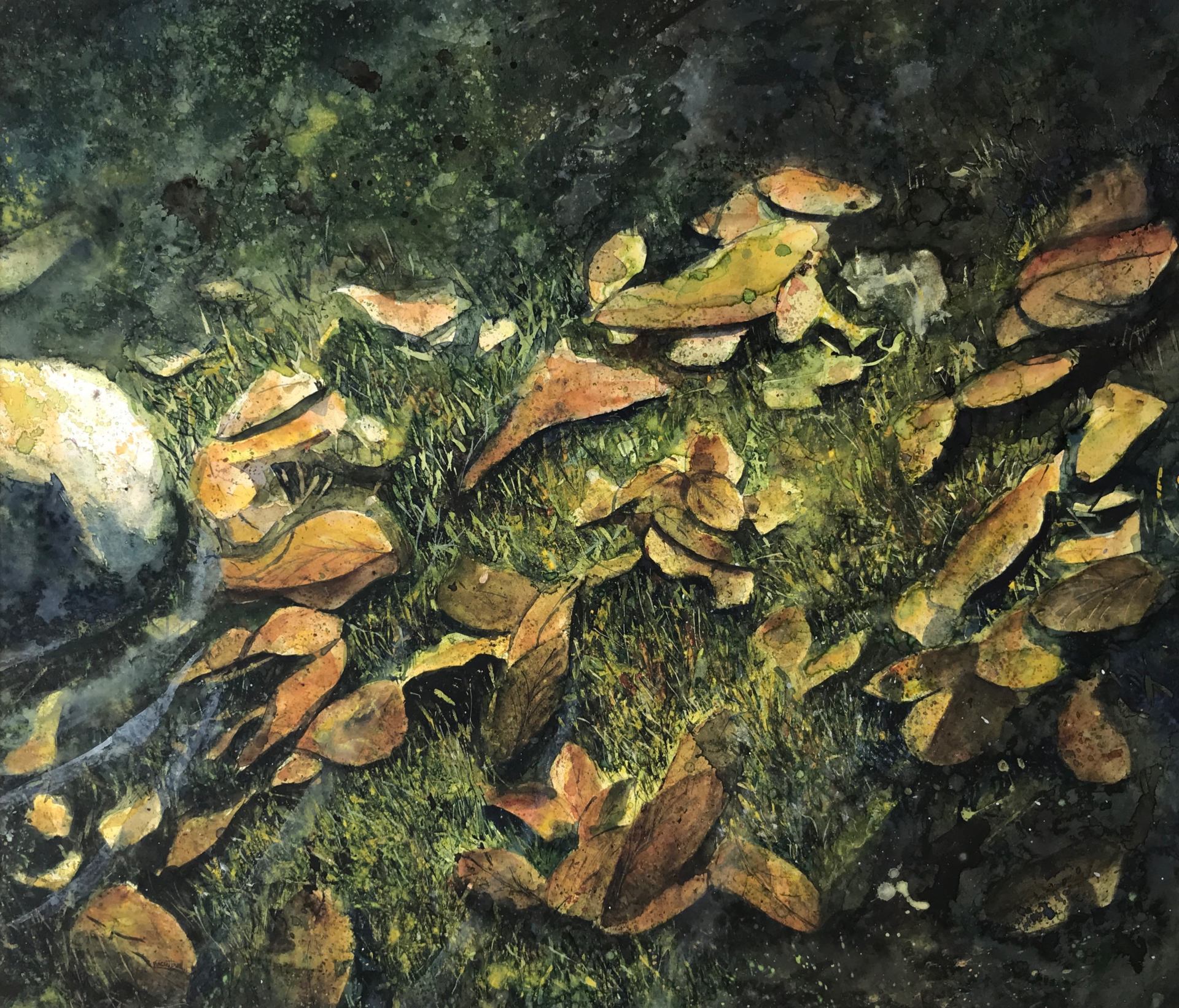 A painting of leaves on the ground with a rock in the background