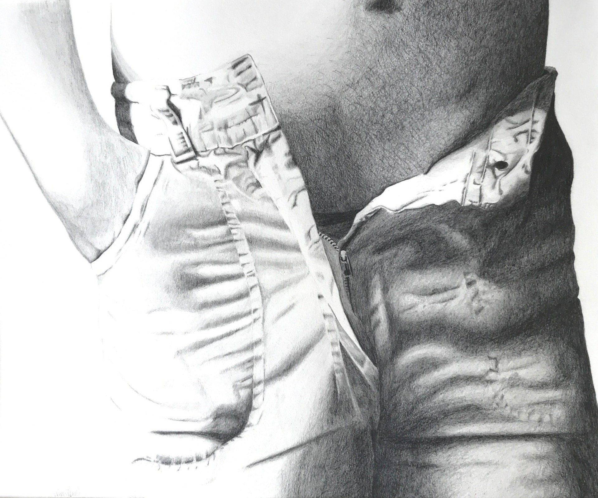 A black and white drawing of a person 's torso