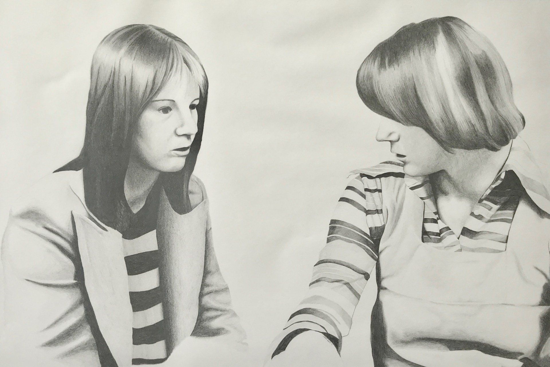 A black and white drawing of two women talking to each other