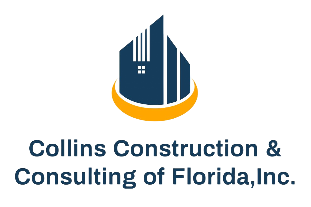 Logo for Collins Construction & Consulting of Florida, Inc. featuring a blue building icon on a gold ring.