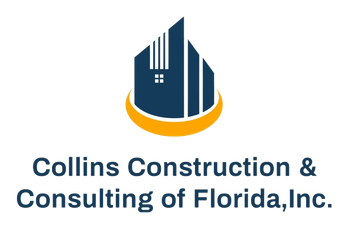 Logo for Collins Construction & Consulting of Florida, Inc. featuring a blue building icon on a gold ring.