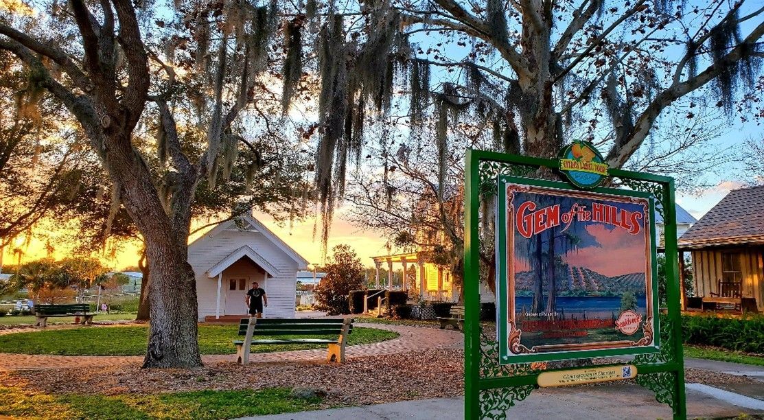 Sign for "Blue Grotto" near a white building and trees with hanging moss.