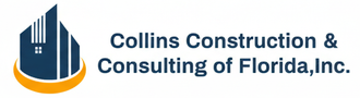 Logo for Collins Construction & Consulting of Florida, Inc. with blue building icon and orange trim, text to the right.