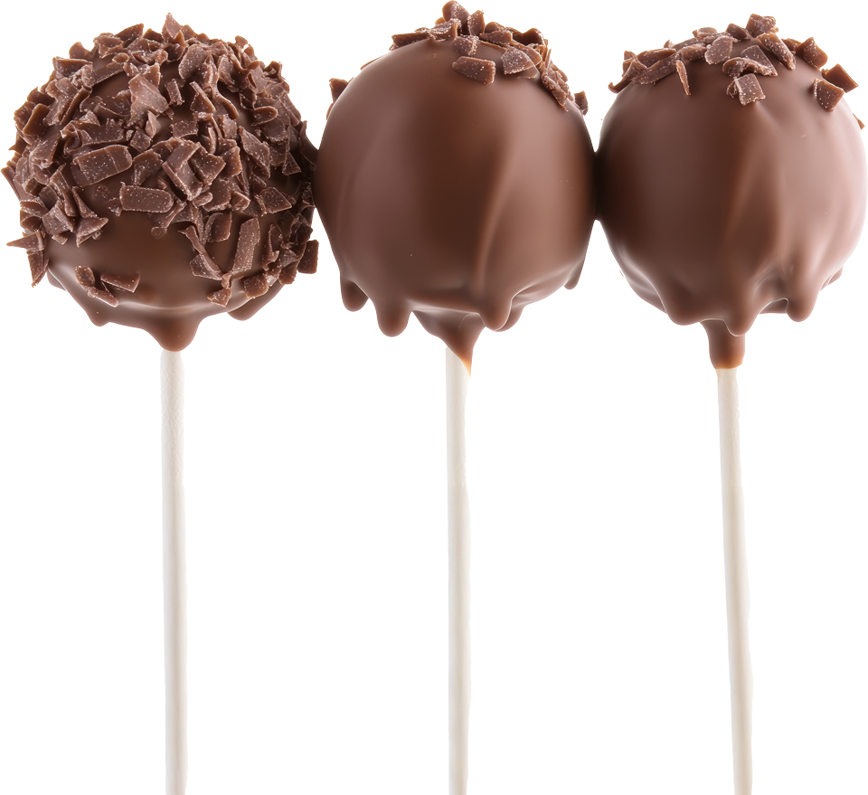 Three chocolate cake pops are lined up in a row