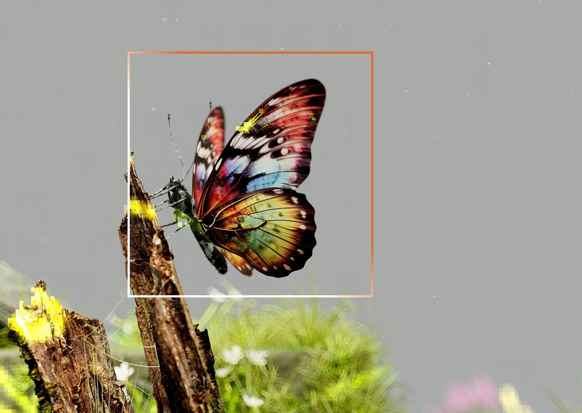 Een vlinder met kleurrijke vleugels zit op een boomtak, tegen een wazige, bloemige achtergrond.