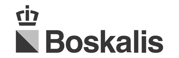 Logo van Boskalis: een kroon boven een diagonaal grijs en zwart verdeeld vierkant, naast het woord