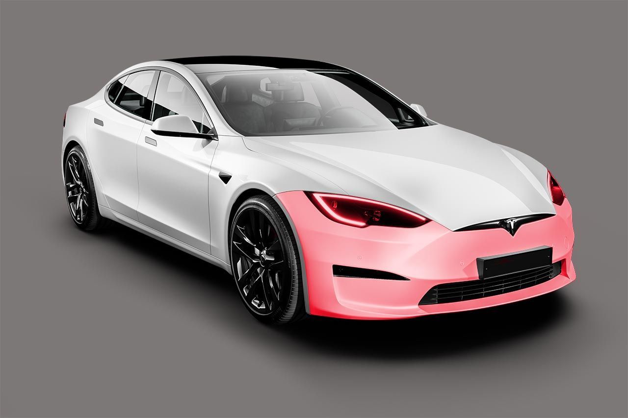 A white tesla model s with a blue wrap on it.