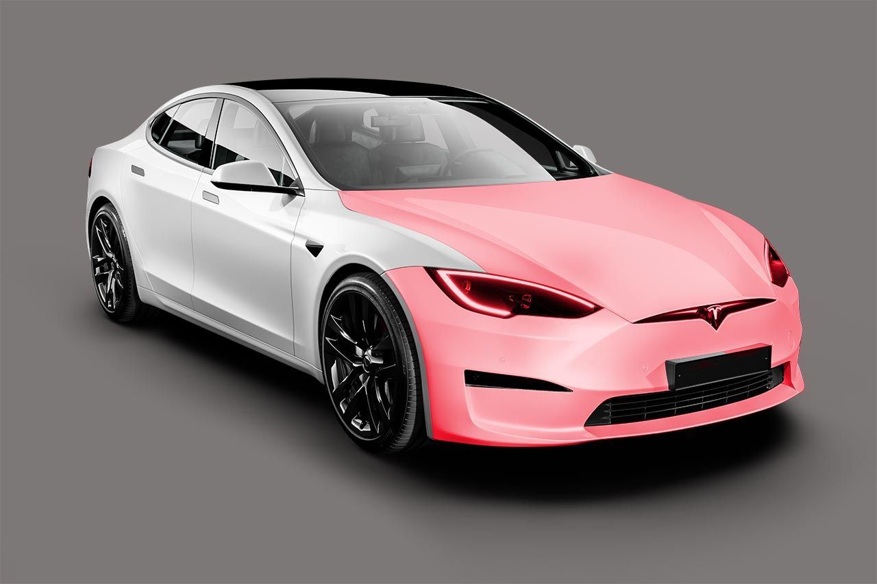 A white tesla model s with a blue wrap on the front.
