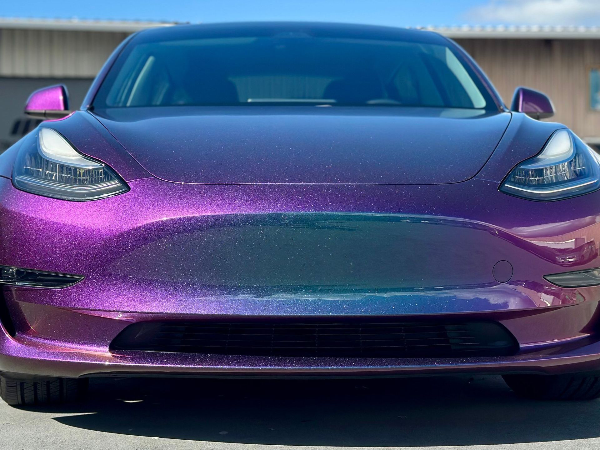 A purple tesla model 3 is parked in front of a building.