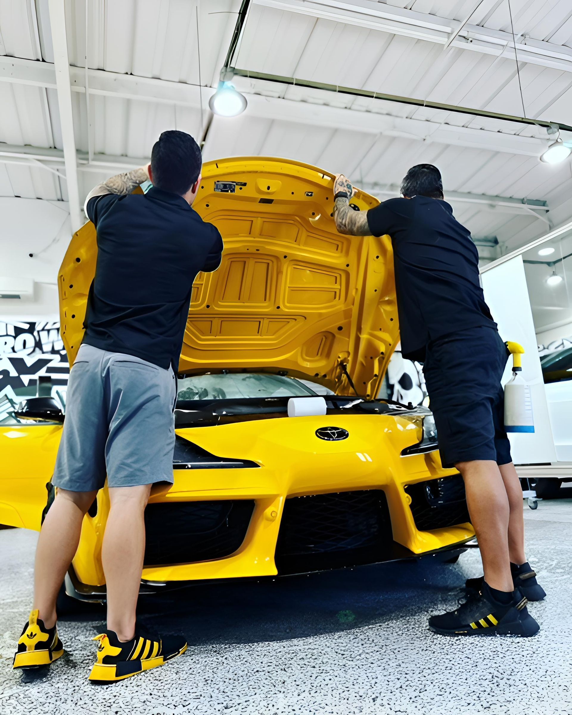 A man is cleaning the hood of a black car with a cloth.